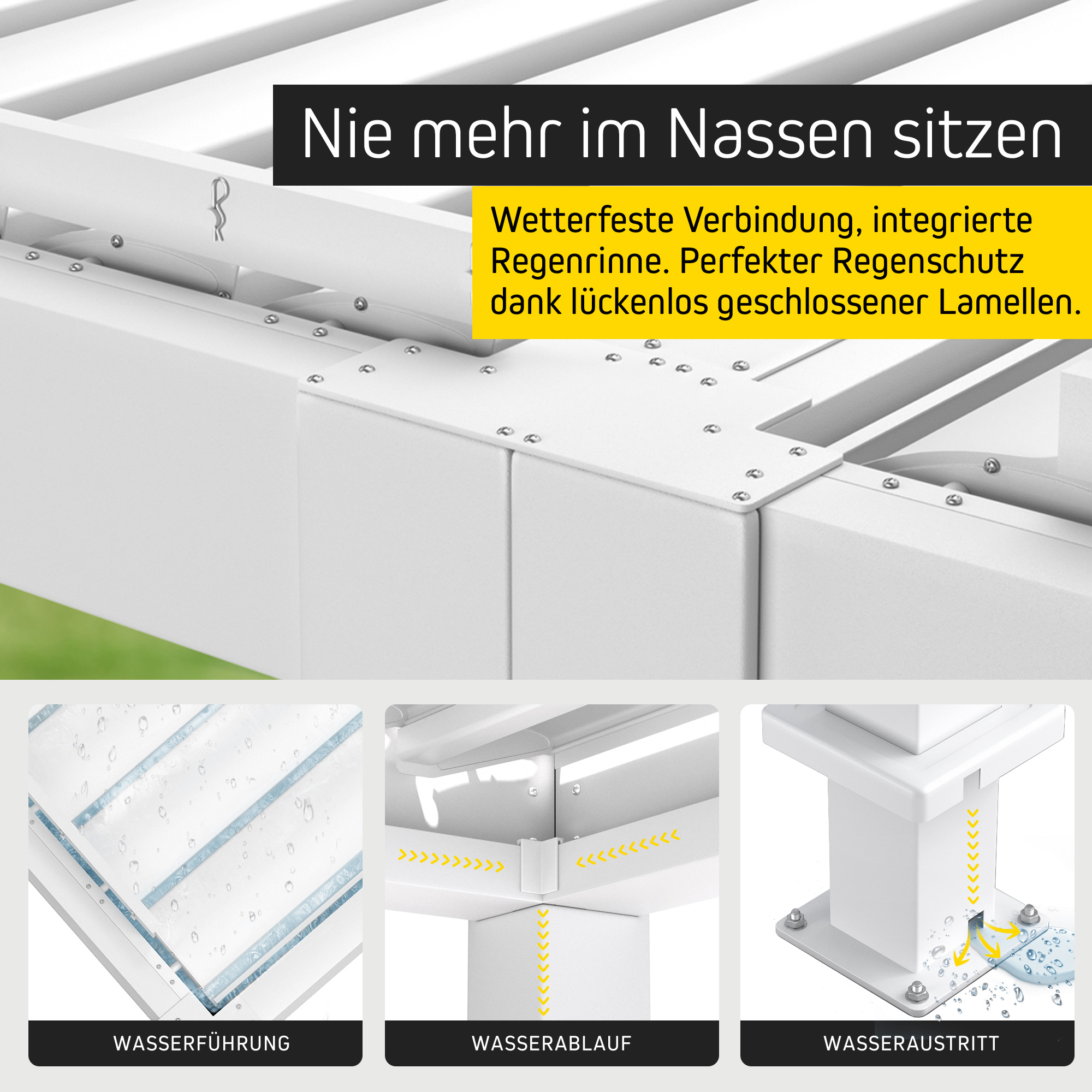 Pergola mit Lamellendach und integriertem Regenschutzsystem