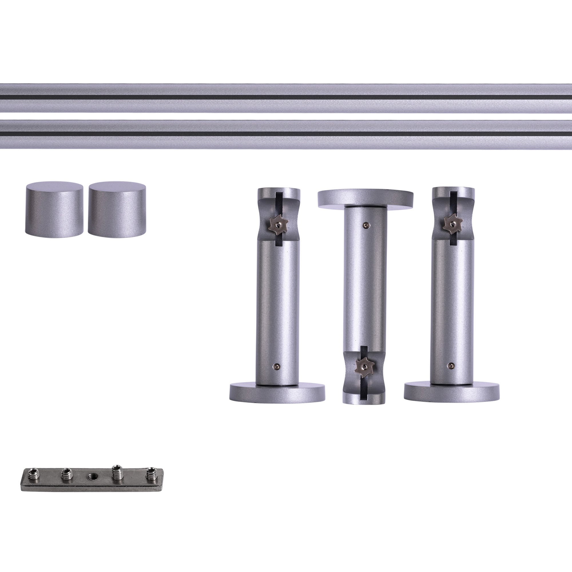 Set bastone per tenda con guida interna | 1 binario, ⌀ 19 mm, 320 cm, argentato + Supporto parete, Tappo