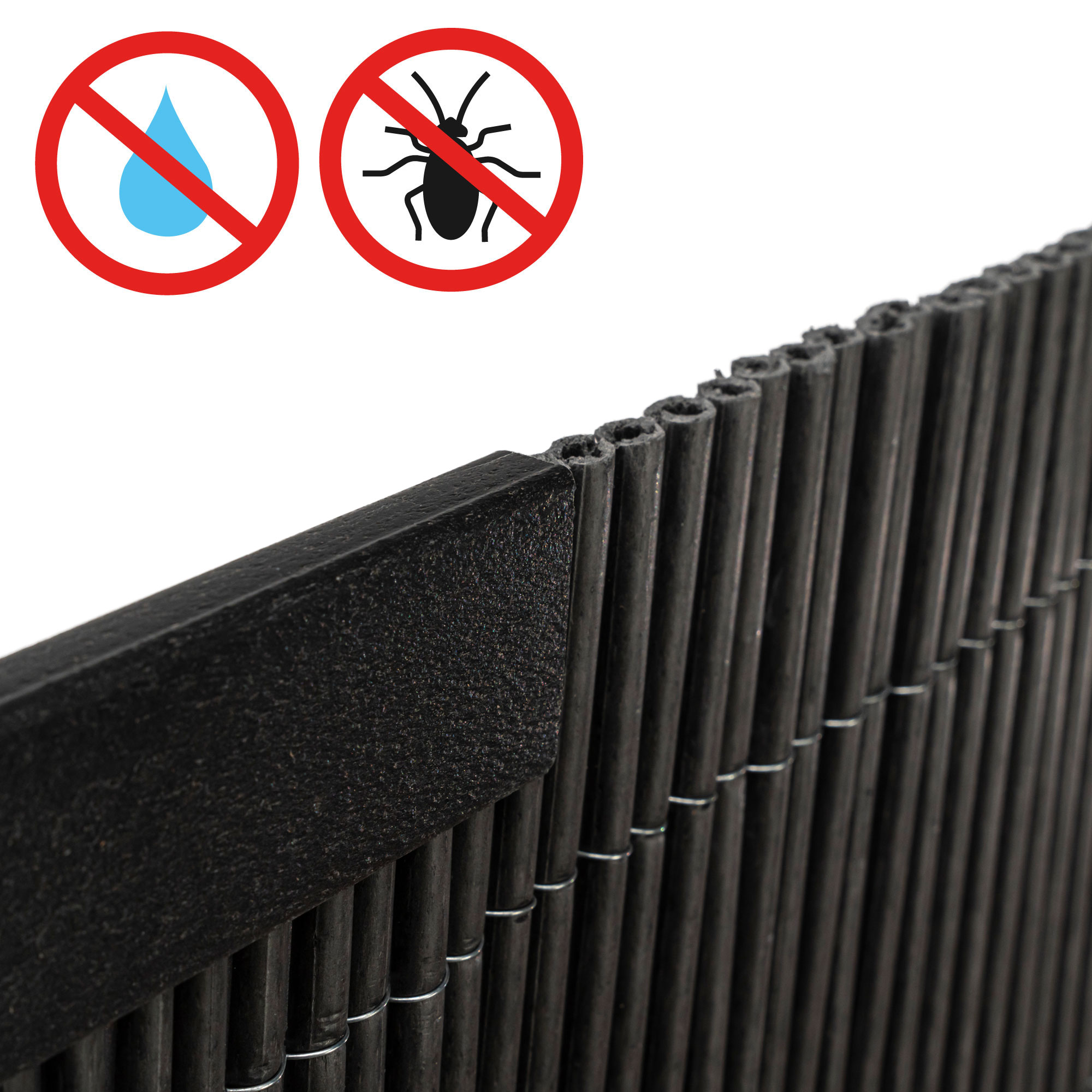 Abdeckprofil für Sichtschutzmatte aus Bambusmaterial mit Schutzsymbolen gegen Wasser und Insekten