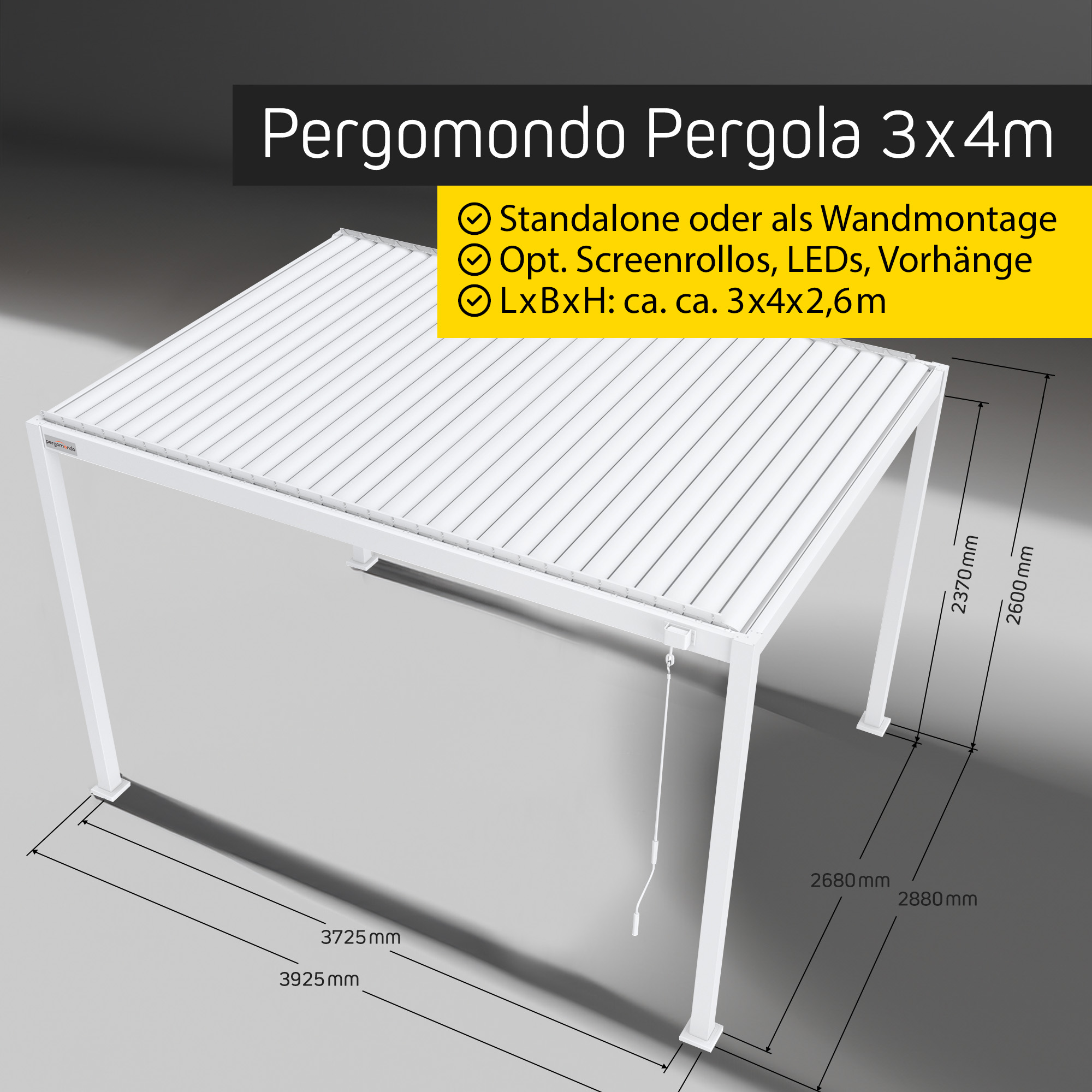 Pergola mit Lamellendach, freistehend oder wandmontiert, mit optionalen Zubehörmöglichkeiten