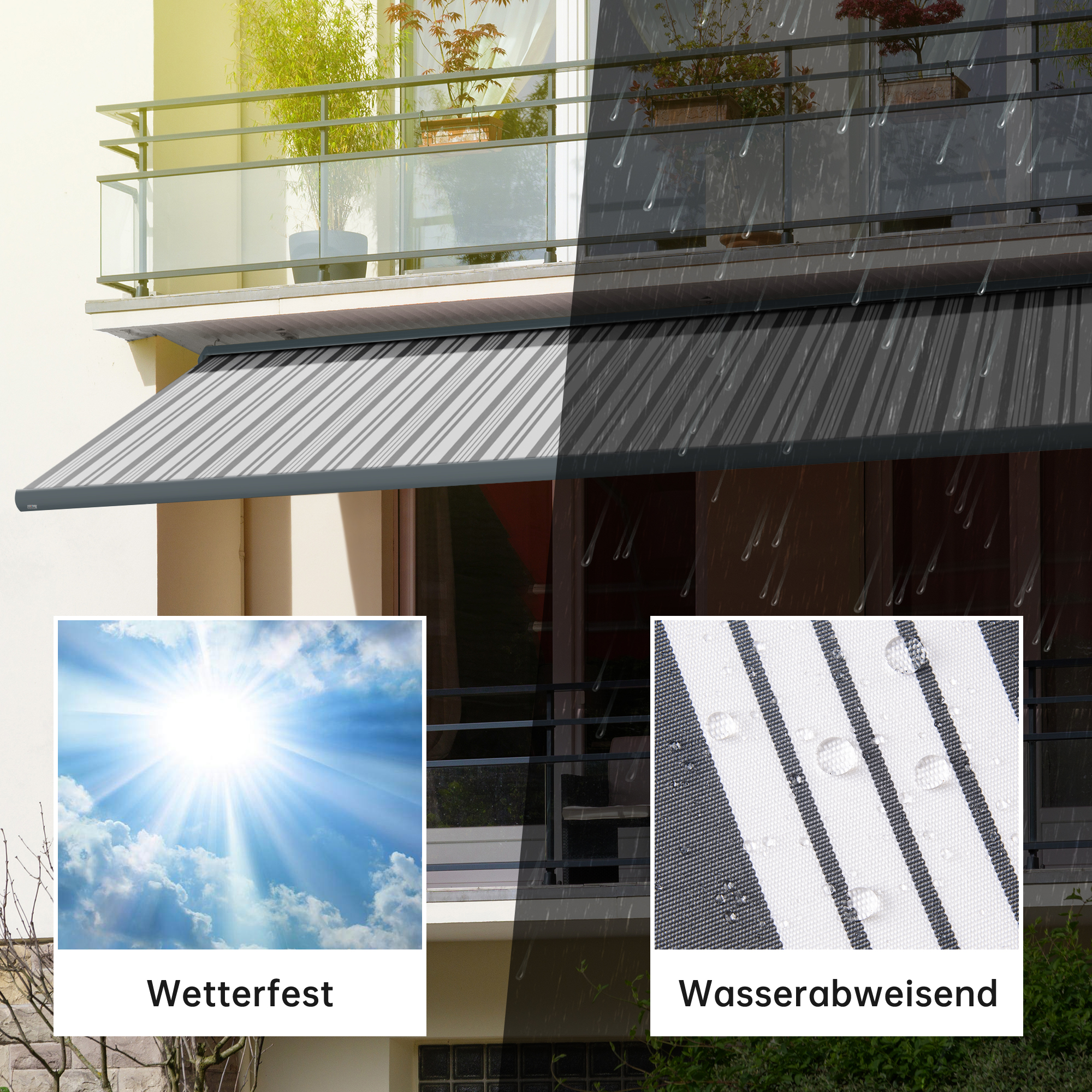 Kassettenmarkise Curve 2000 | 3,45 x 3 m / Gestell: anthrazit / Stoff: Multi, weiß-grau