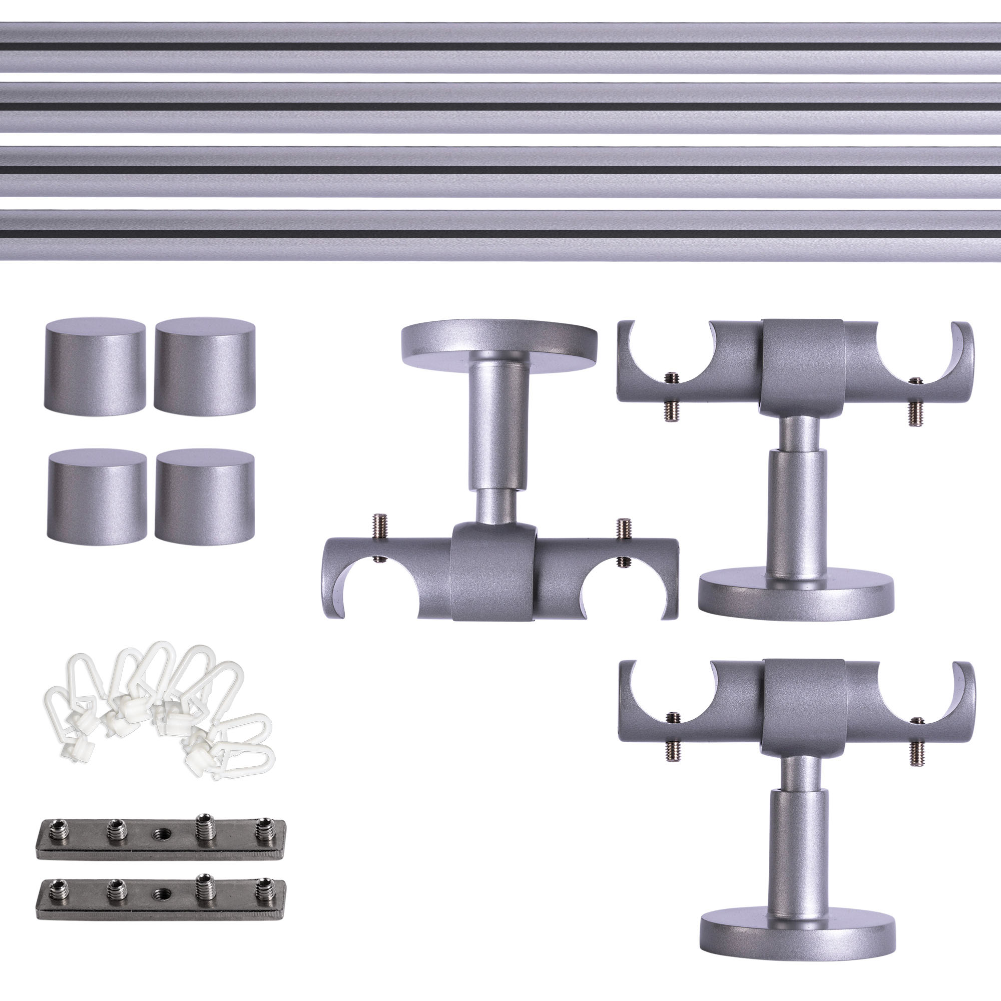 Set bastone per tenda con guida interna | 2 binari, ⌀ 19 mm, 280 cm, argentato + Supporto soffitto, Tappo, Cursore