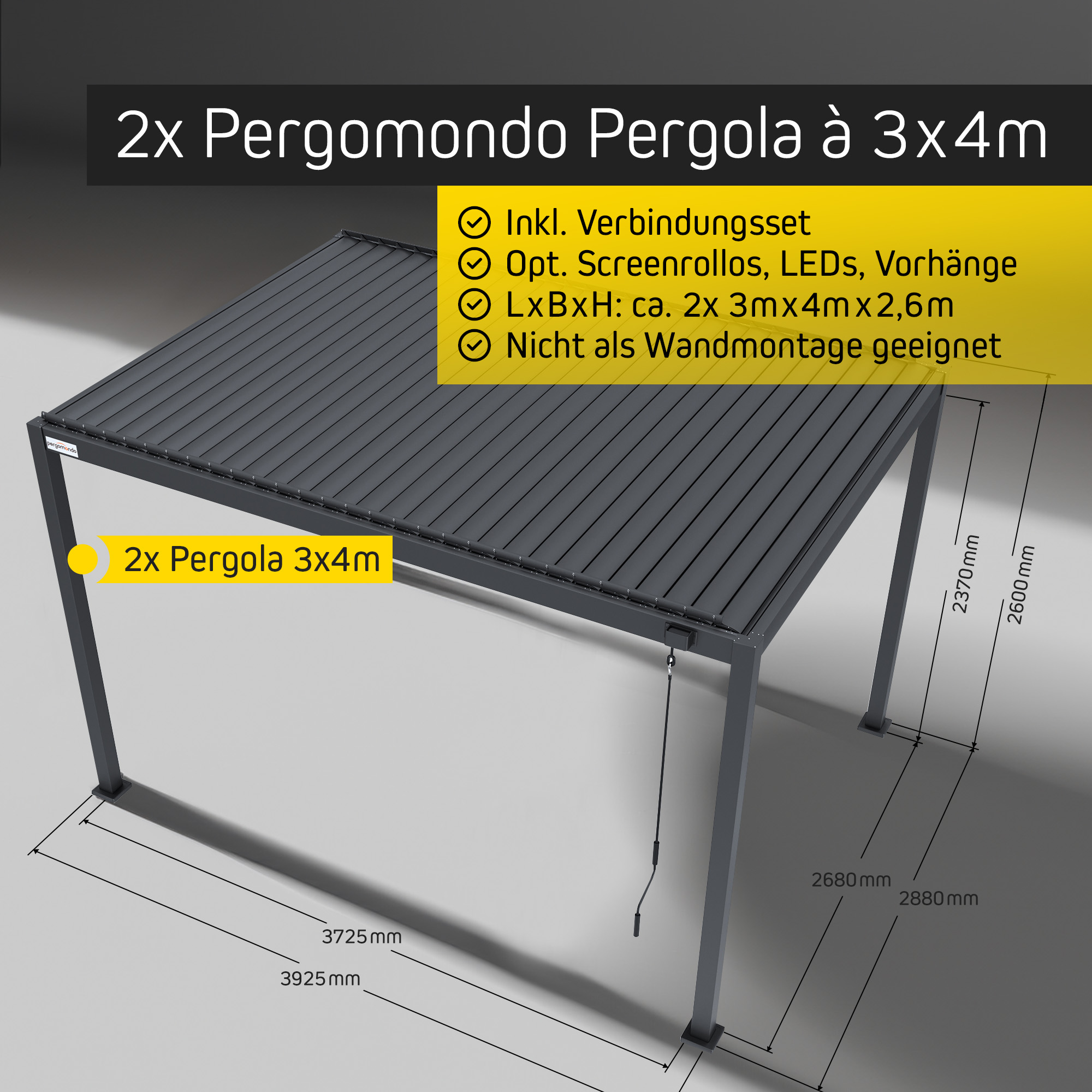 Pergola mit Lamellendach | 3 x 8 m, anthrazit 