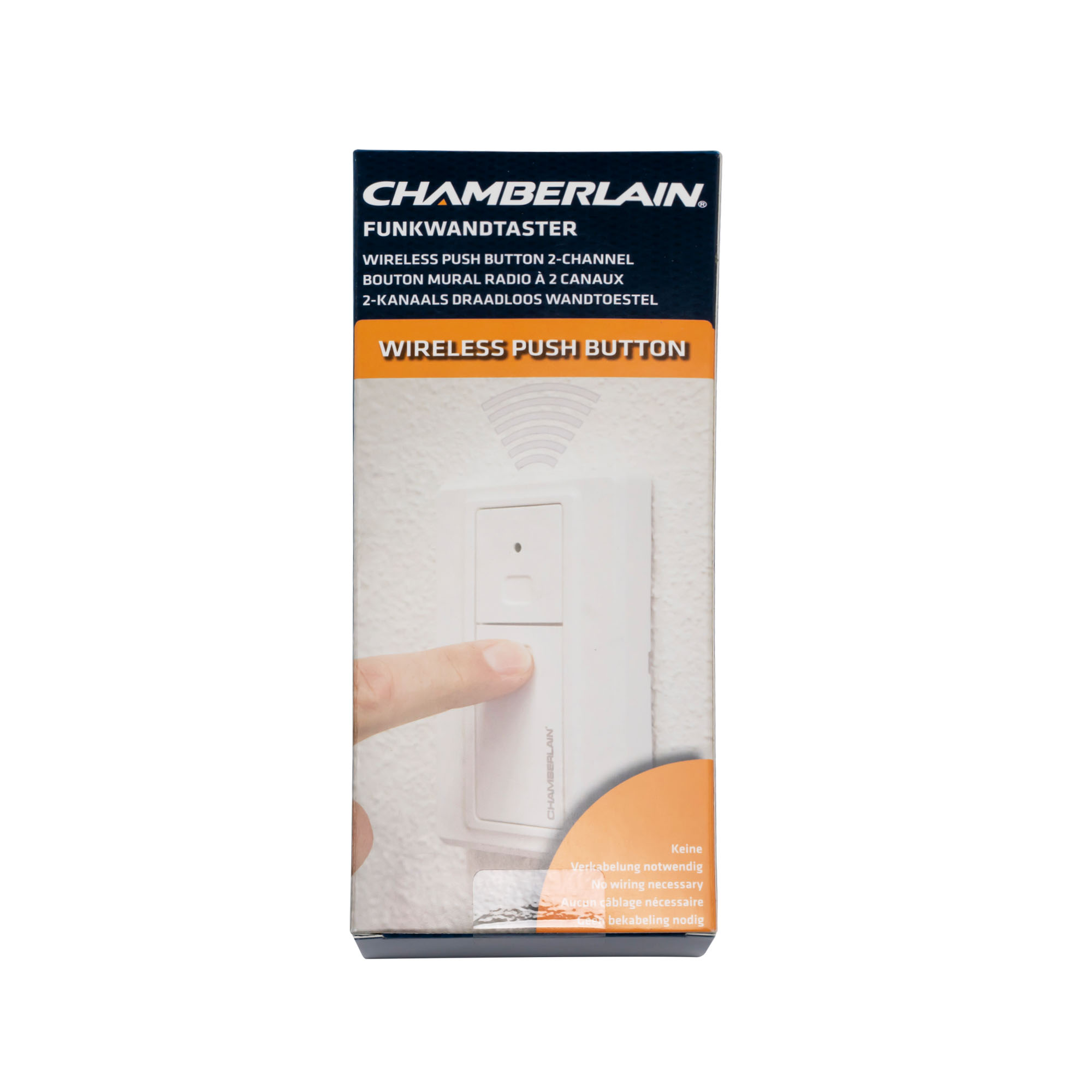 Verpackung eines 2-Kanal Funkwandtasters für Garagentorantrieb mit Finger auf dem Taster