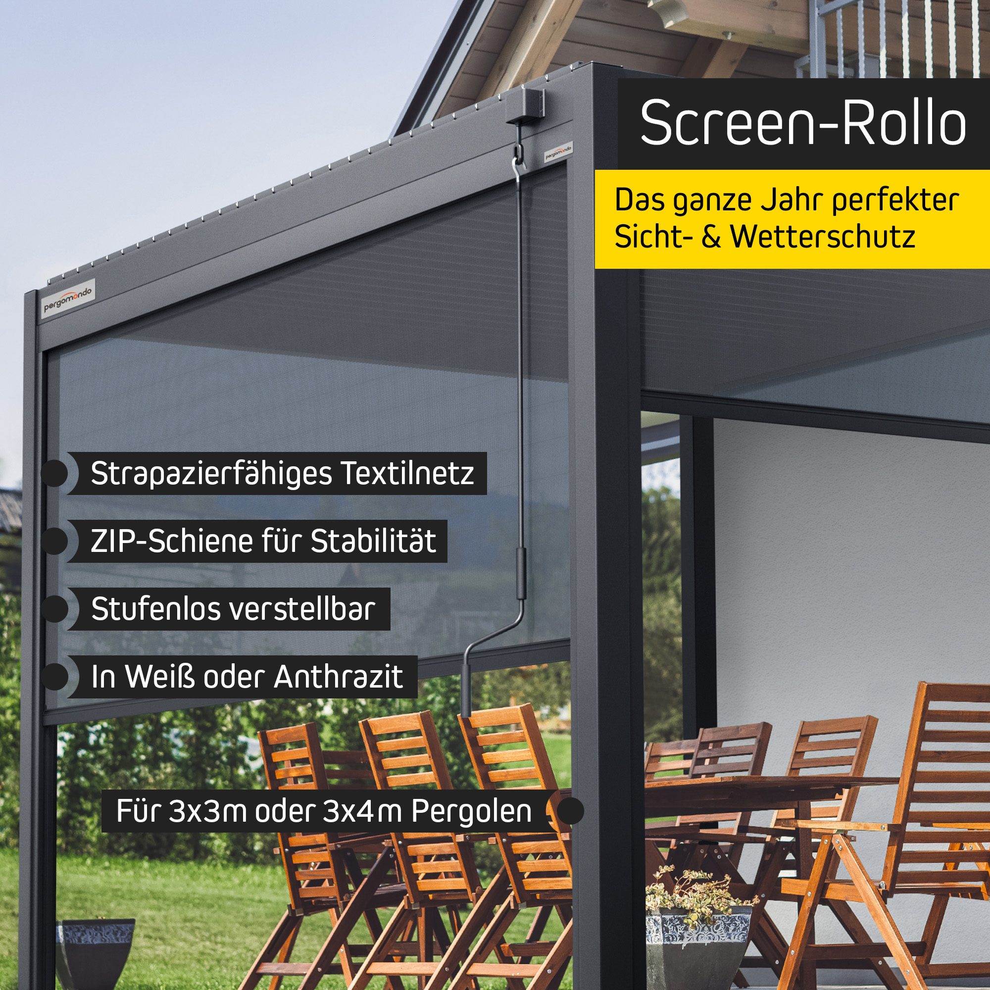 Screen-Rollo für Pergola mit Lamellendach | 3 m, anthrazit 