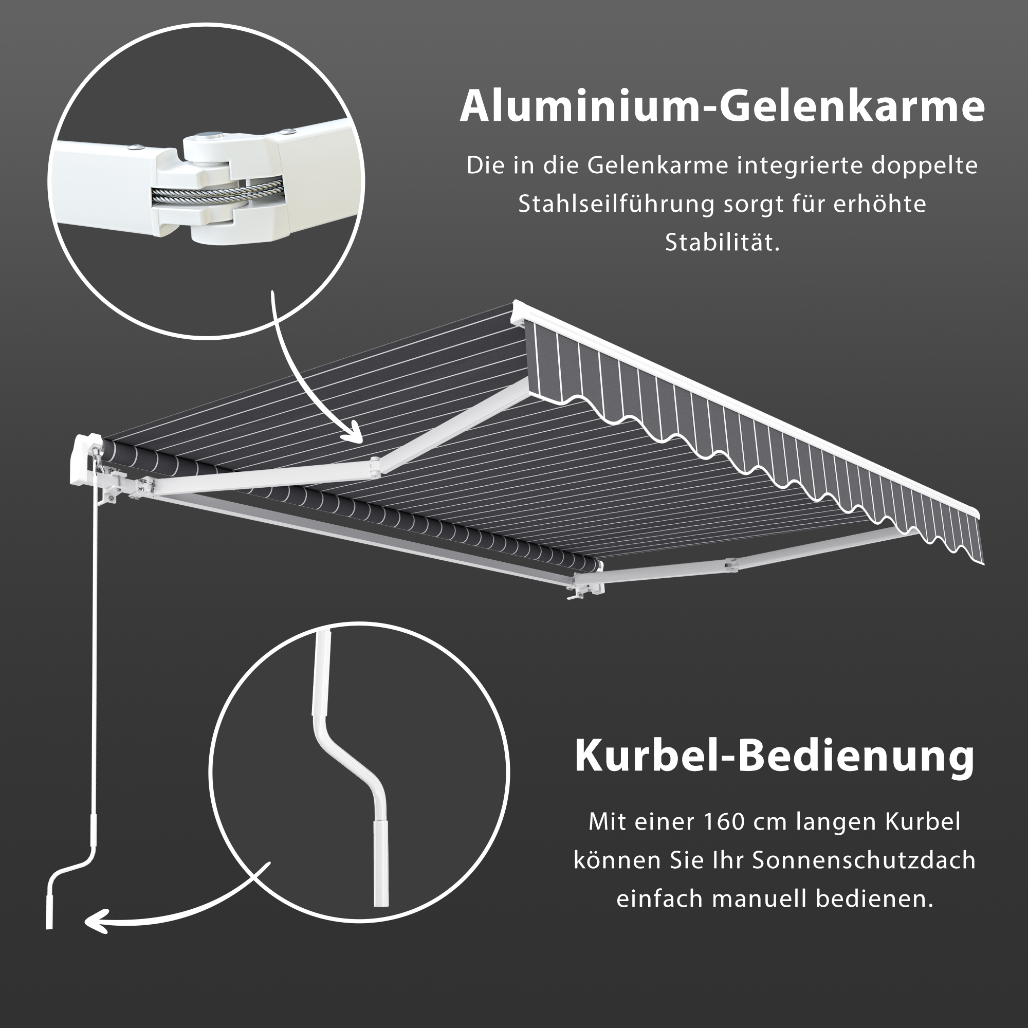 Gelenkarmmarkise Basic 2000 | 2,5 x 1,5 m / Gestell: weiß / Stoff: Block, dunkelgrau-weiß 