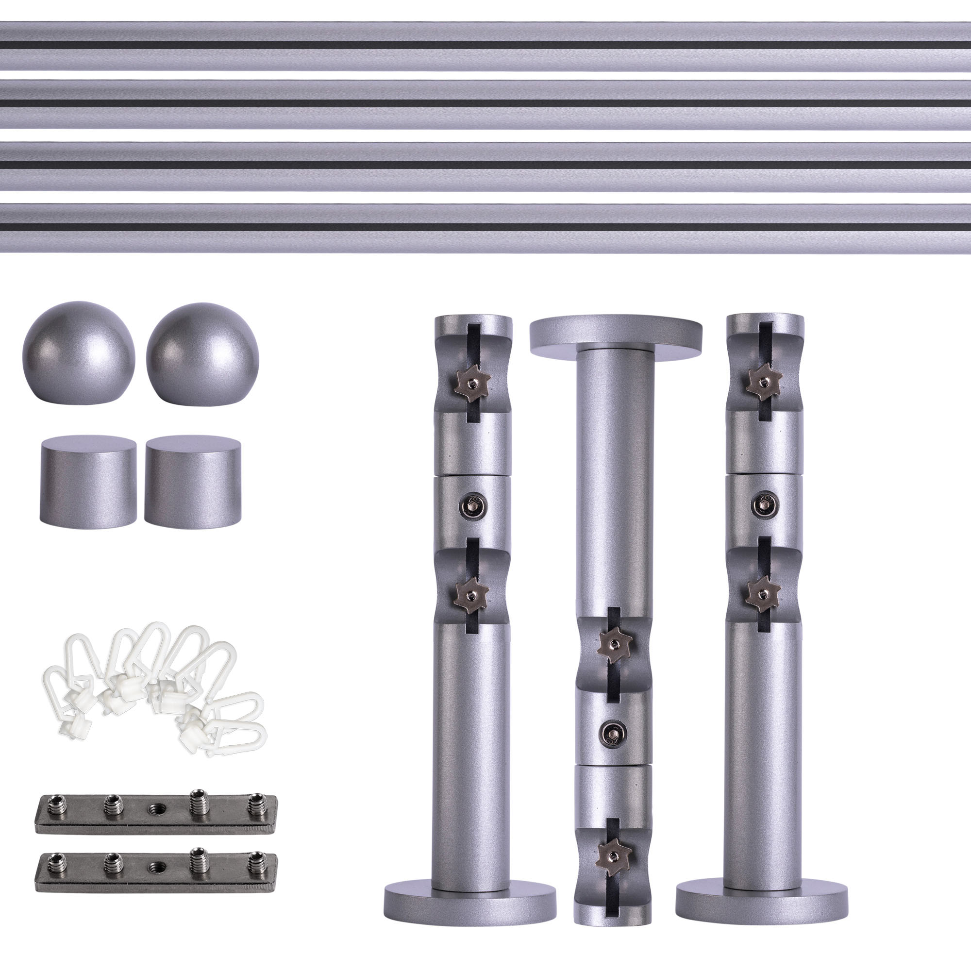 Set bastone per tenda con guida interna | 2 binari, ⌀ 19 mm, 240 cm, argentato + Supporto parete, Finale a sfera, Cursore