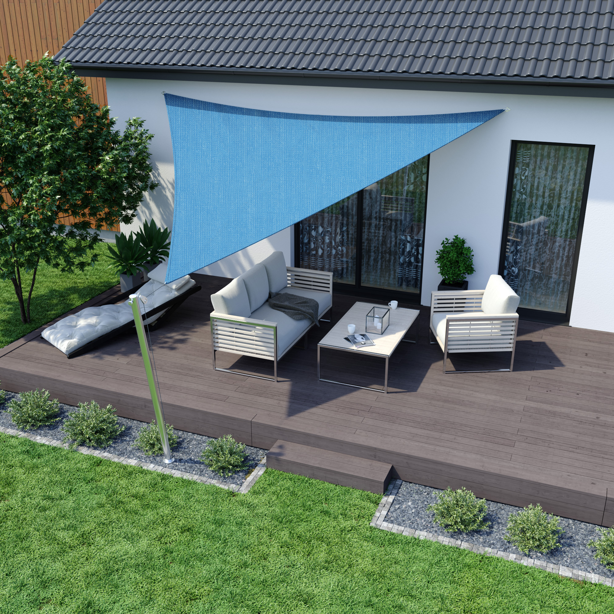 Tenda da sole sopra la terrazza con gruppo di sedute, offre ombra e protezione, materiale traspirante