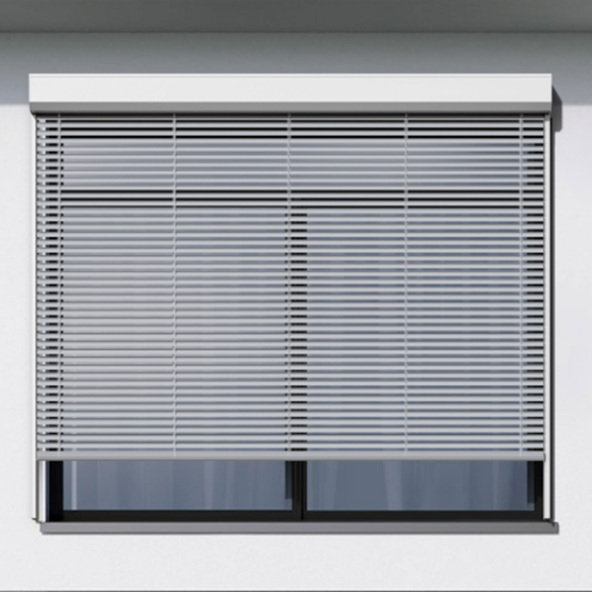 Vorbau-Raffstore vor einem Fenster zur Lichtregulierung und Sichtschutz