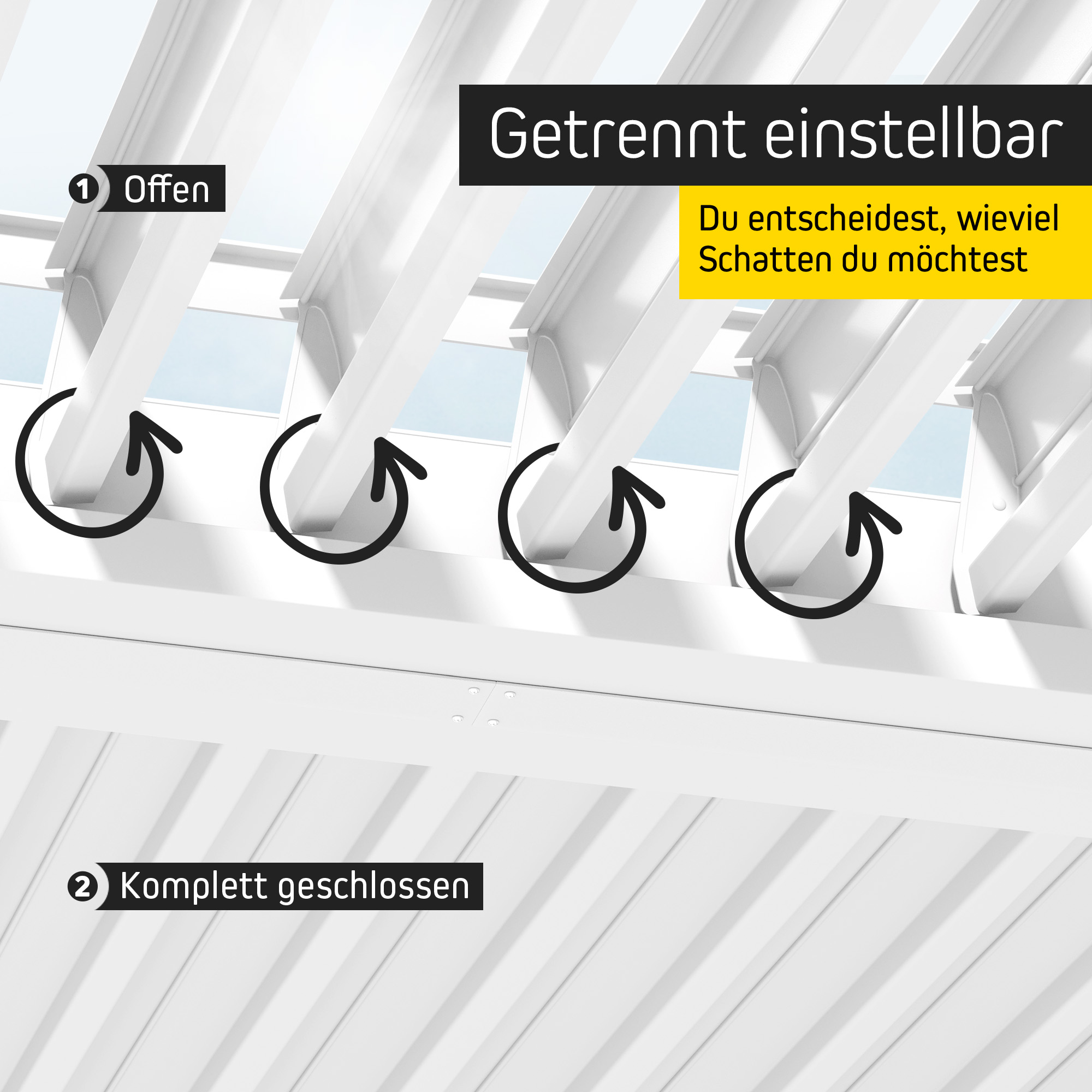 Verstellbares Lamellendach einer Pergola zur Regulierung von Licht und Schatten
