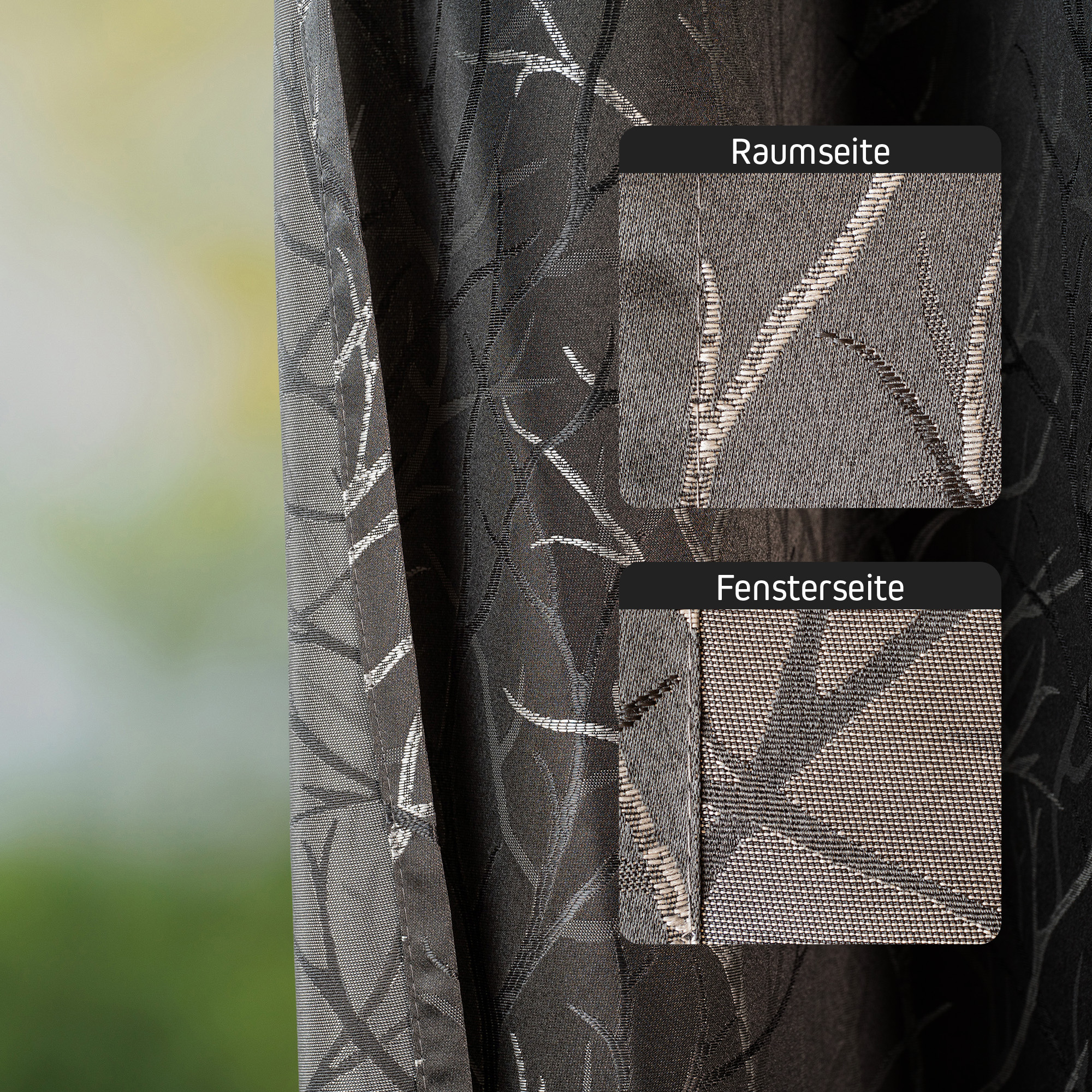 Ösenvorhang mit Jacquardmuster, zeigt Vorder- und Rückseite des Stoffes