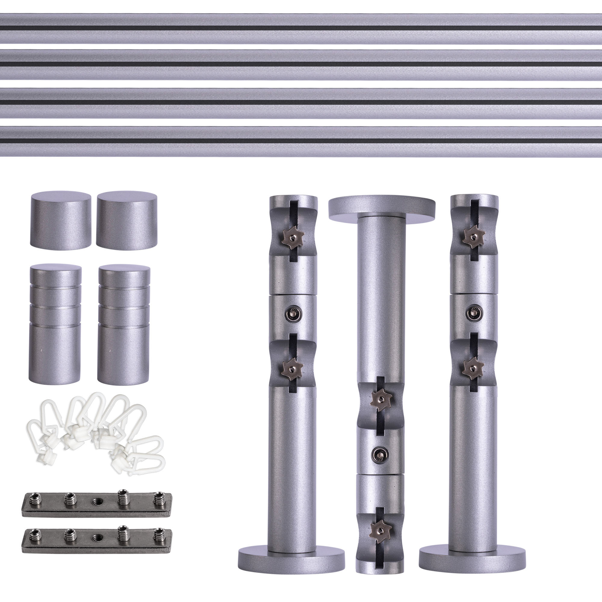 Set bastone per tenda con guida interna | 2 binari, ⌀ 19 mm, 280 cm, argentato + Supporto parete, Copertura scanalata, Cursore
