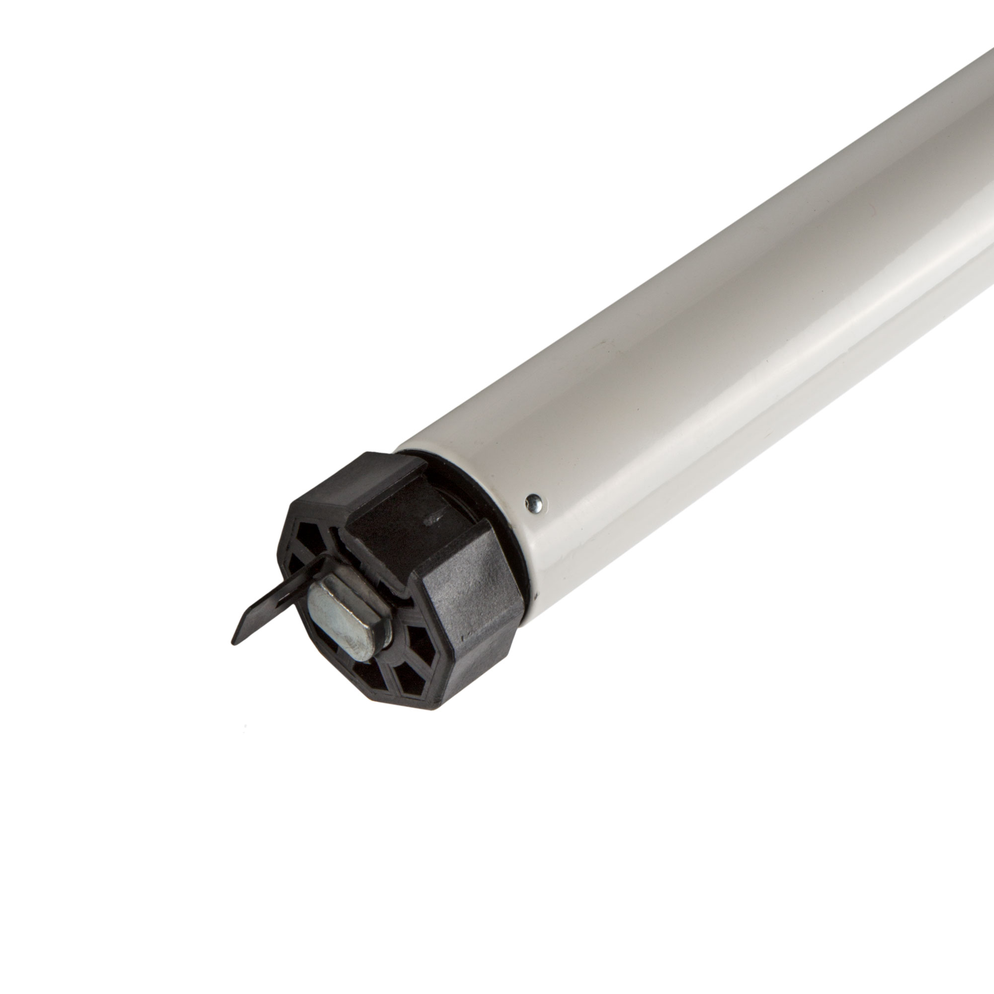 Rollladenmotor mit zylindrischem Gehäuse und Befestigungselementen für automatisierte Systeme