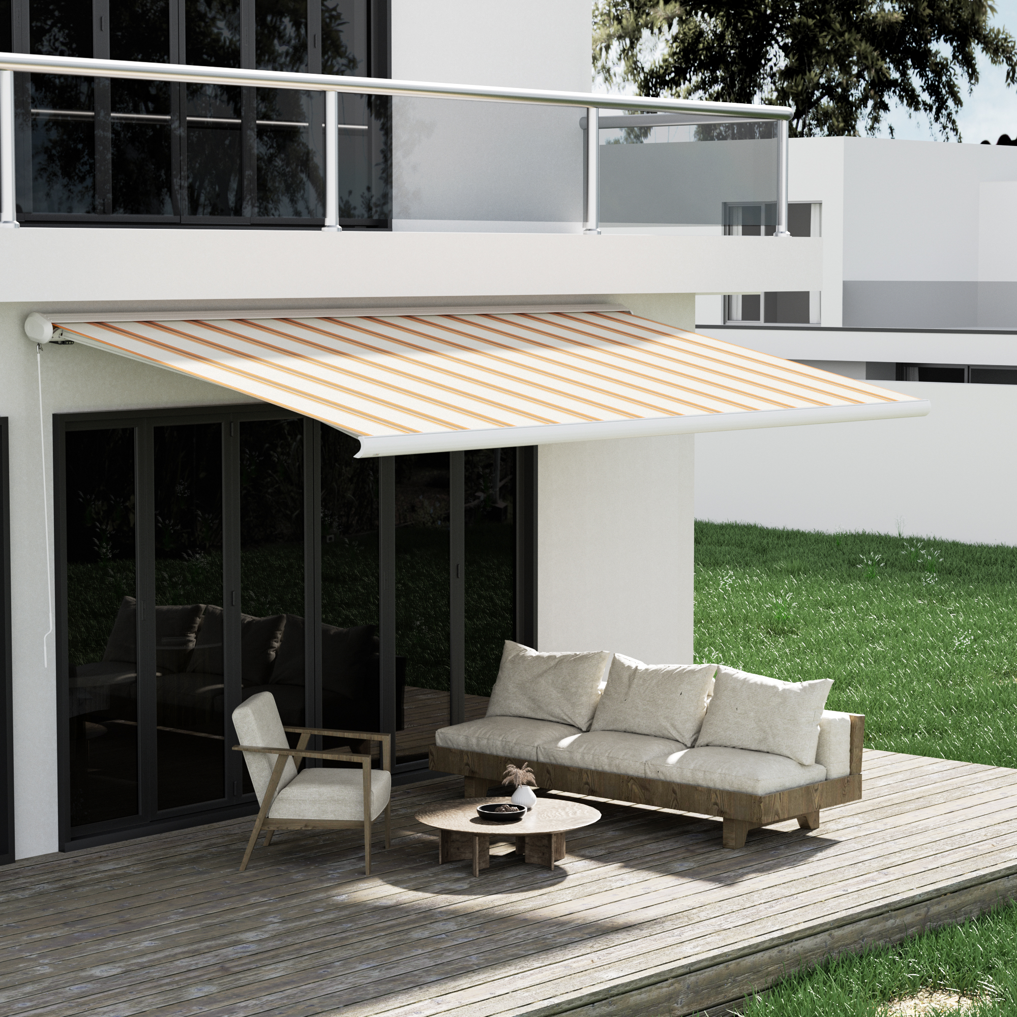 Terrasse mit Markise und Sitzmöbeln vor einem modernen Gebäude