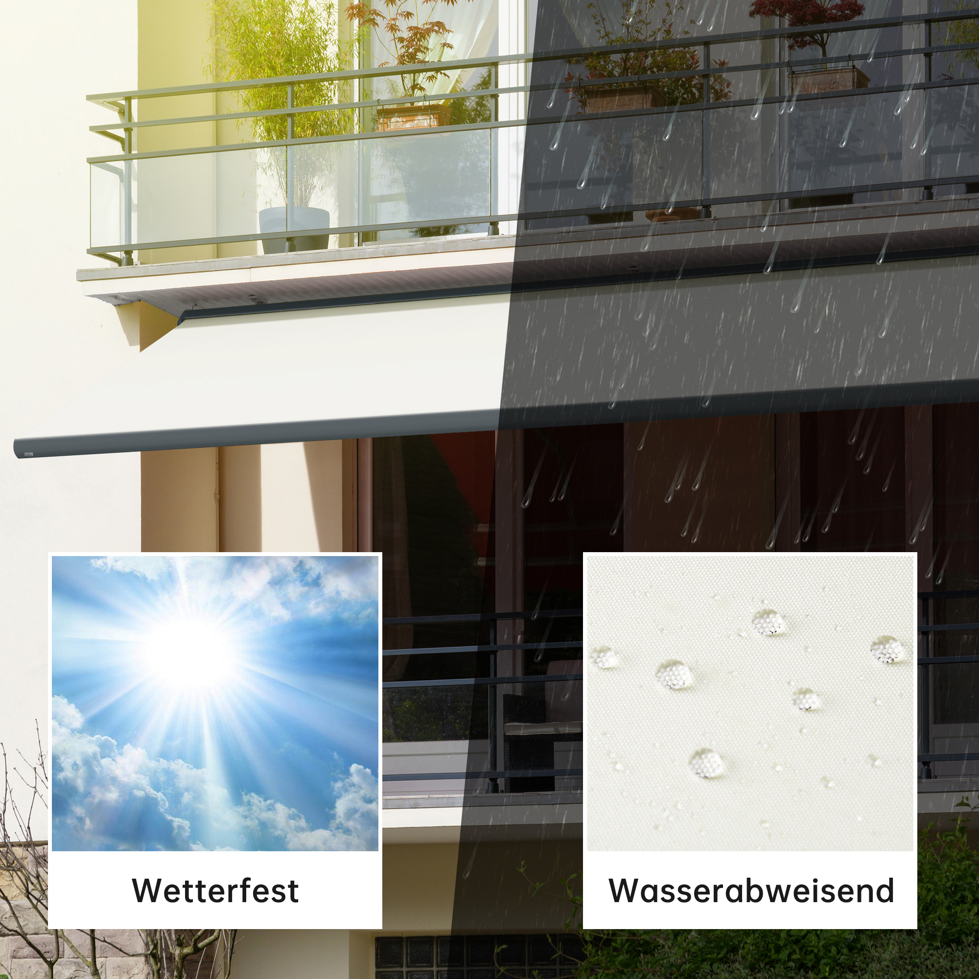 Kassettenmarkise Curve 2000 an einem Balkon, wetterfest und wasserabweisend