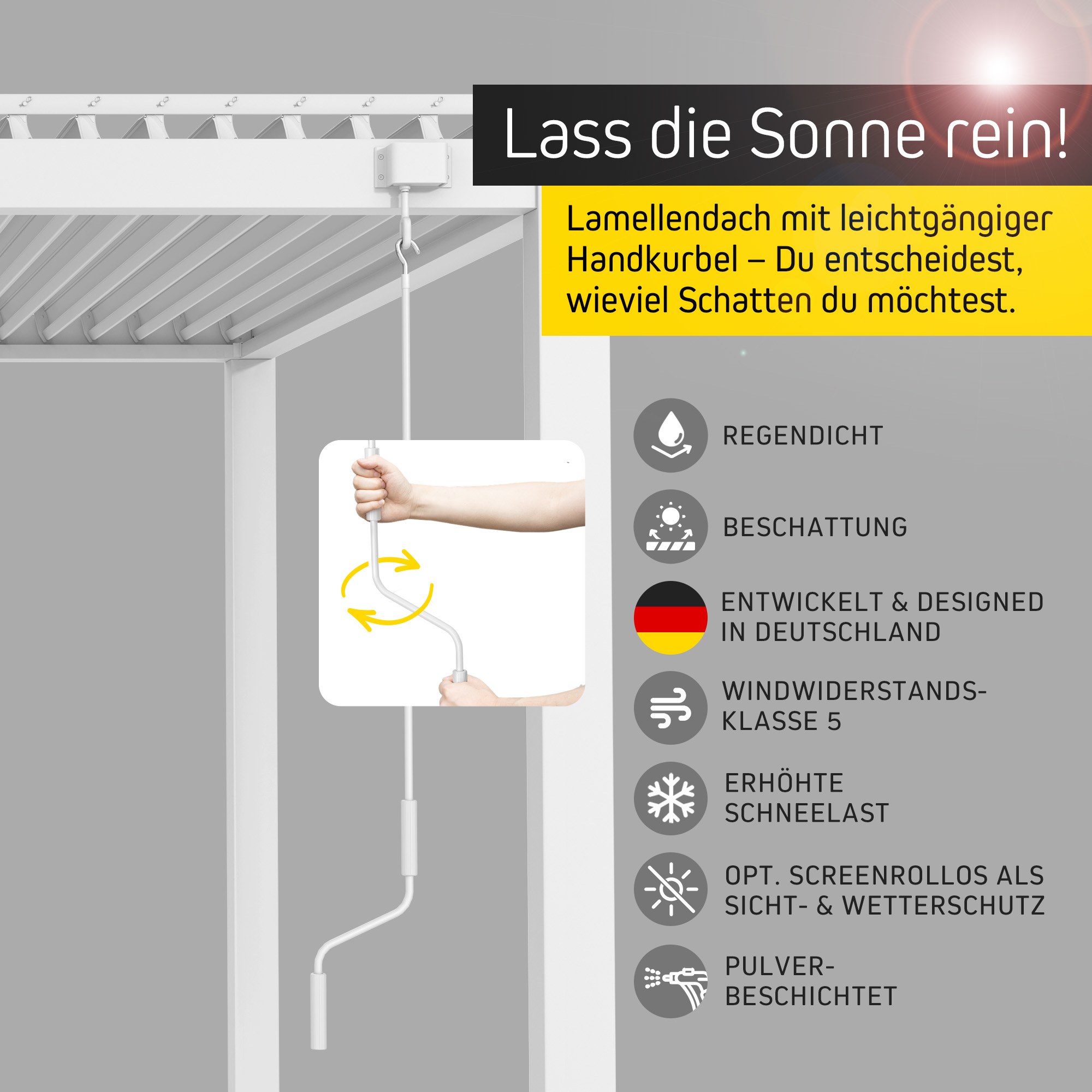 Pergola mit Lamellendach und Handkurbel zur flexiblen Beschattung und Wetterschutz