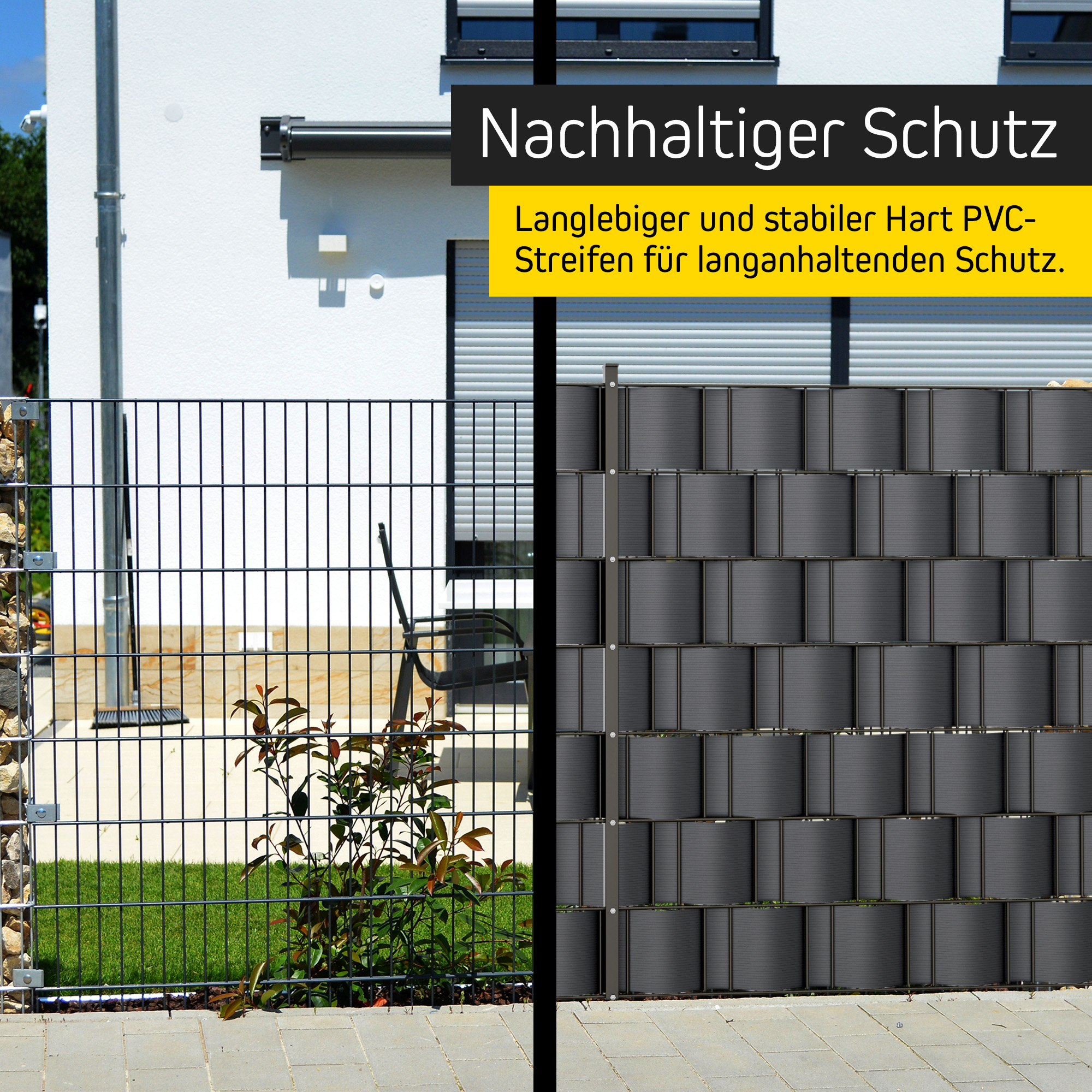 PVC Sichtschutzstreifen an einem Zaun für Privatsphäre und Schutz im Außenbereich