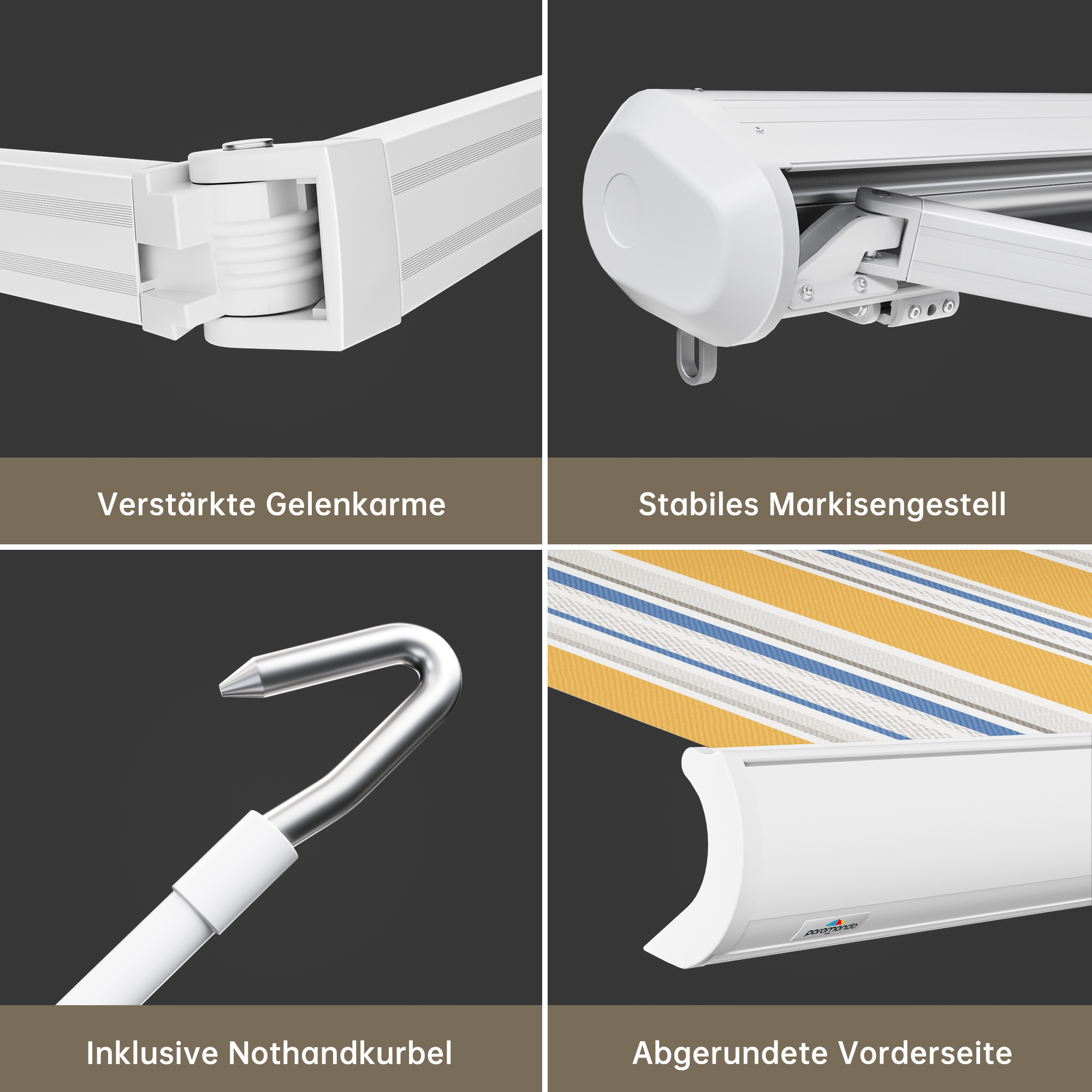 Kassettenmarkise Curve 2000 mit verstärkten Gelenkarmen und abgerundeter Vorderseite