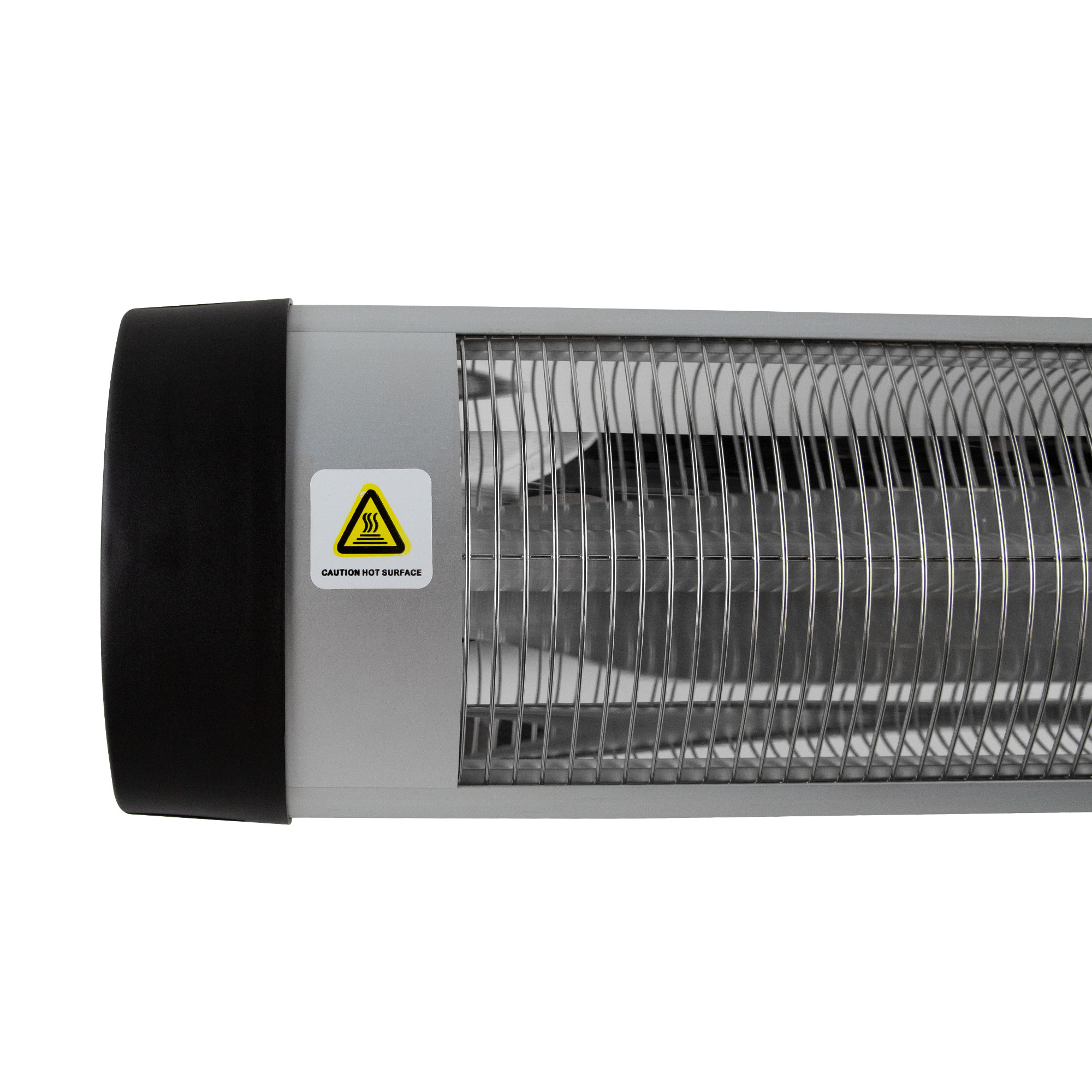 Quarz-Infrarotstrahler mit Schutzgitter und Warnhinweis, 2000 Watt Heizleistung