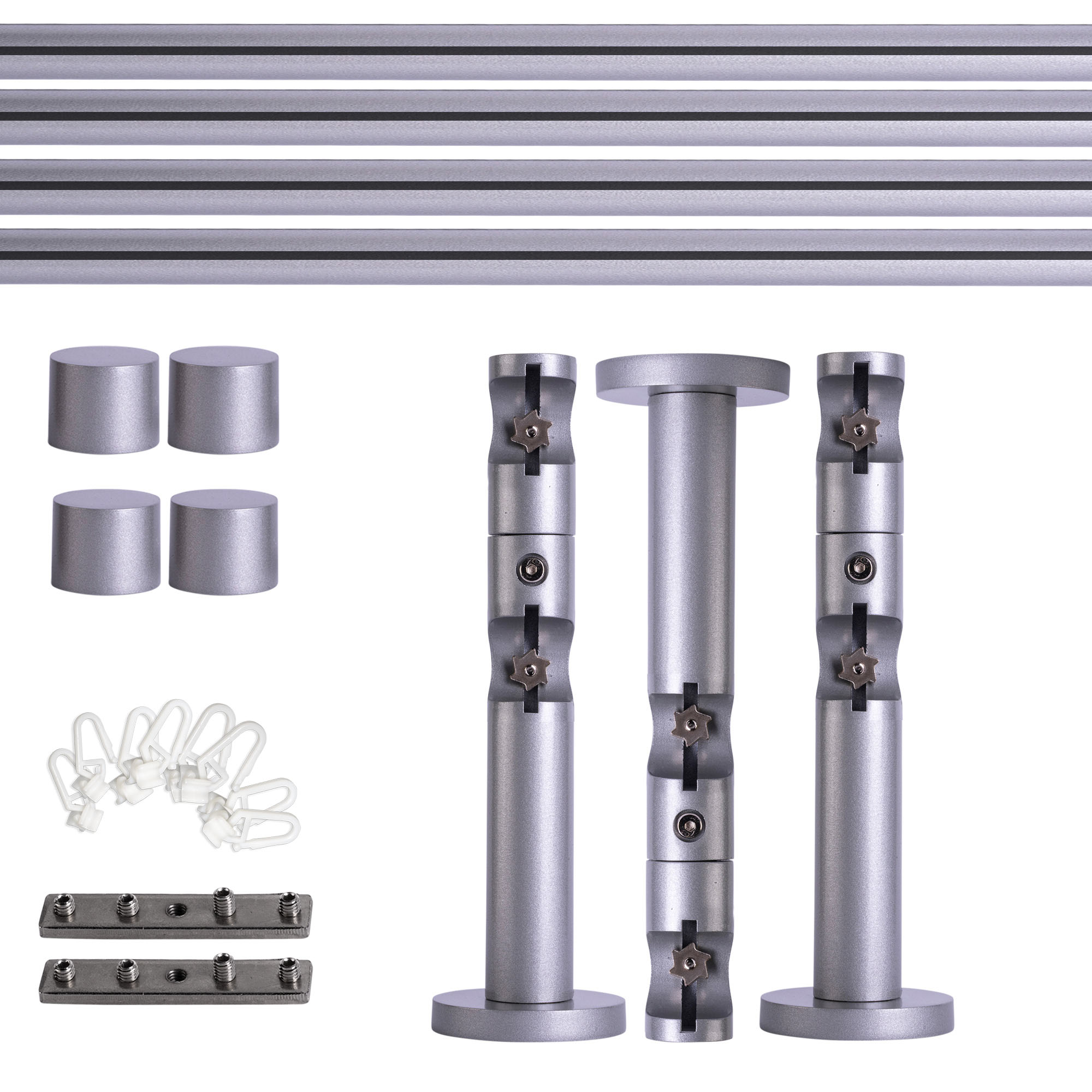 Set bastone per tenda con guida interna | 2 binari, ⌀ 19 mm, 280 cm, argentato + Supporto parete, Tappo, Cursore