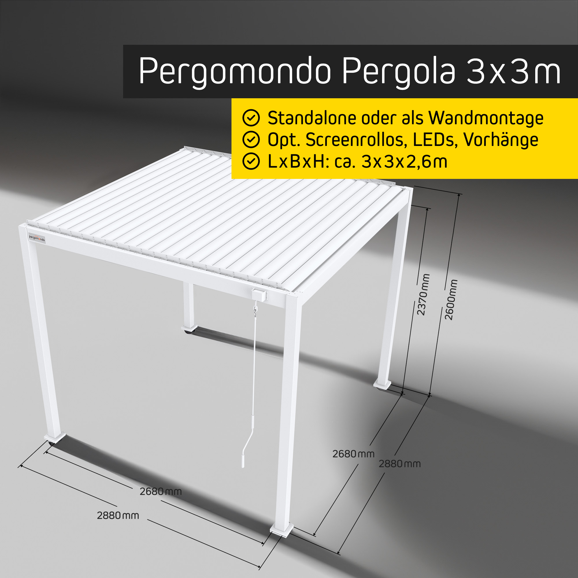 Pergola mit verstellbarem Lamellendach und optionalen Funktionen wie LEDs und Vorhängen