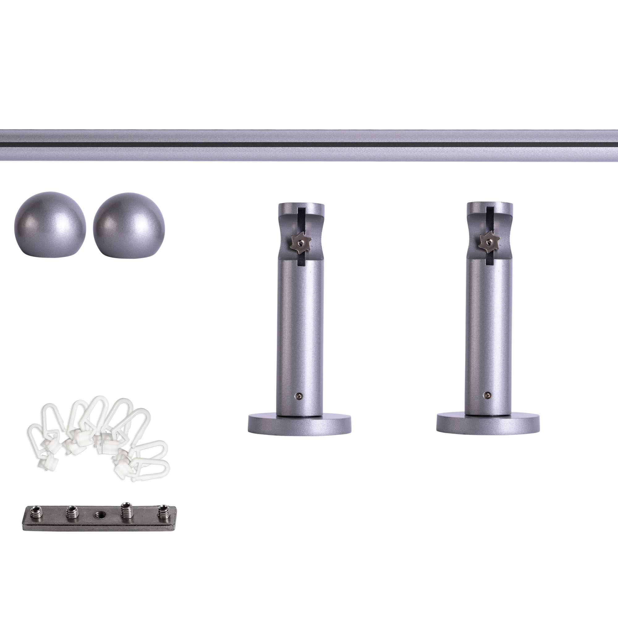 Set bastone per tenda con guida interna | 1 binario, ⌀ 19 mm, 160 cm, argentato + Supporto parete, Finale a sfera, Cursore