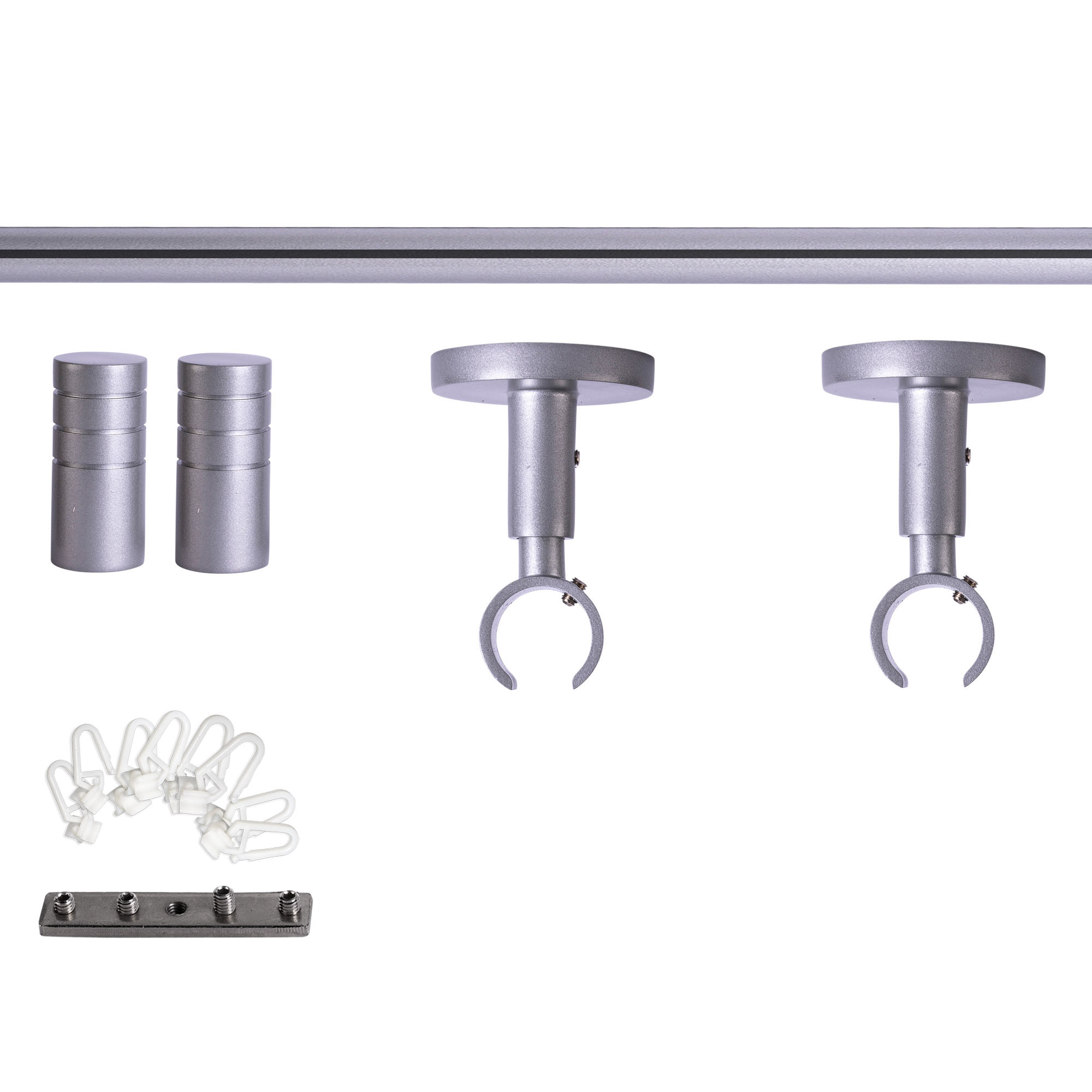 Set bastone per tenda con guida interna | 1 binario, ⌀ 19 mm, 120 cm, argentato + Supporto soffitto, Copertura scanalata, Cursore