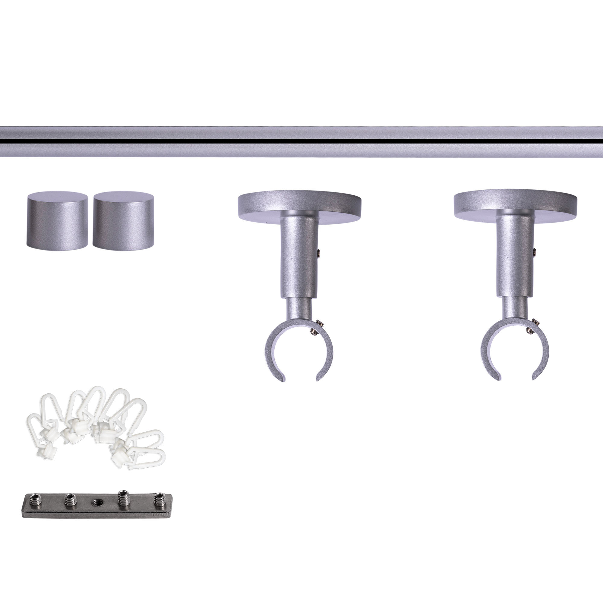 Set bastone per tenda con guida interna | 1 binario, ⌀ 19 mm, 120 cm, argentato + Supporto soffitto, Tappo, Cursore