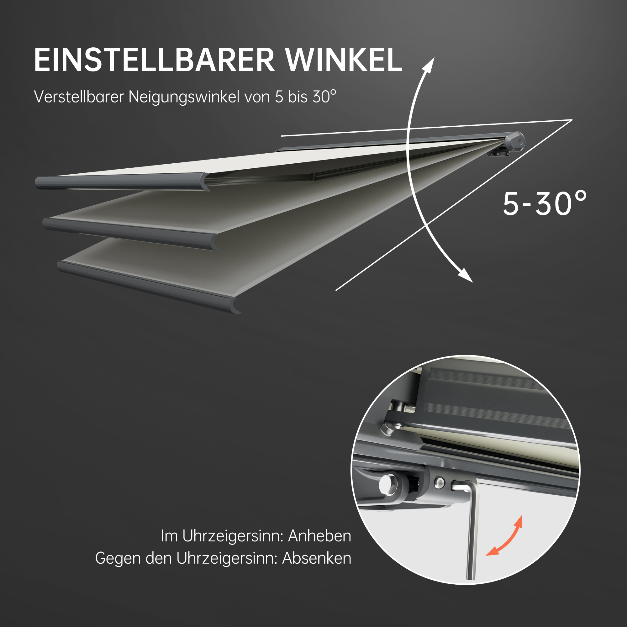 Kassettenmarkise mit verstellbarem Neigungswinkel von 5 bis 30 Grad
