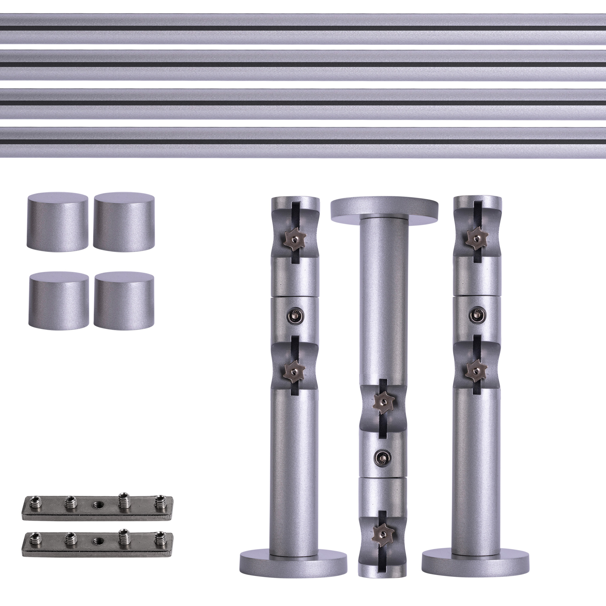 Set bastone per tenda con guida interna | 2 binari, ⌀ 19 mm, 240 cm, argentato + Supporto parete, Tappo