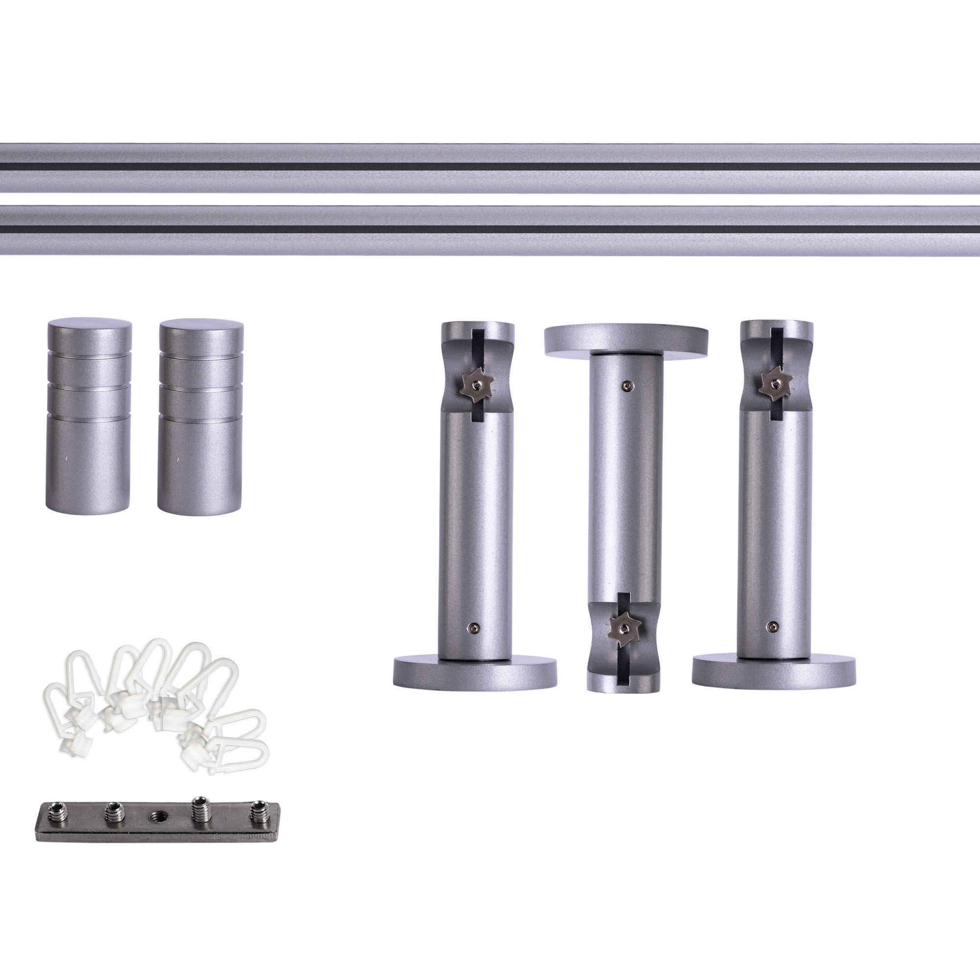 Set bastone per tenda con guida interna | 1 binario, ⌀ 19 mm, 280 cm, argentato + Supporto parete, Copertura scanalata, Cursore