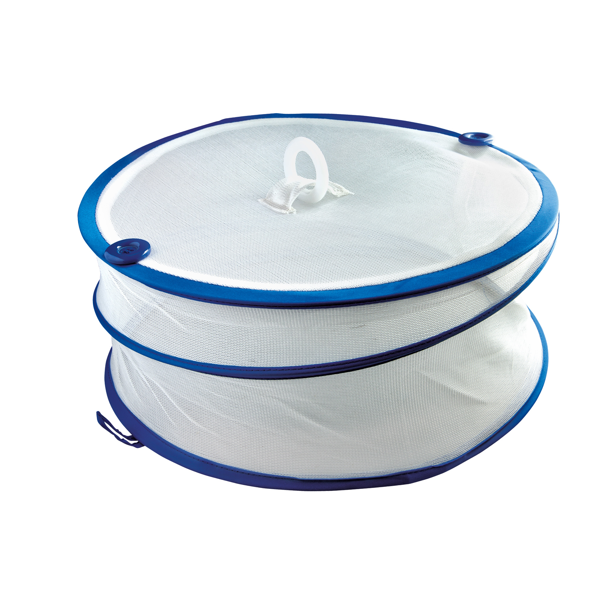 Zusammenklappbare Insektenschutzhaube aus Netzmaterial mit Griff oben