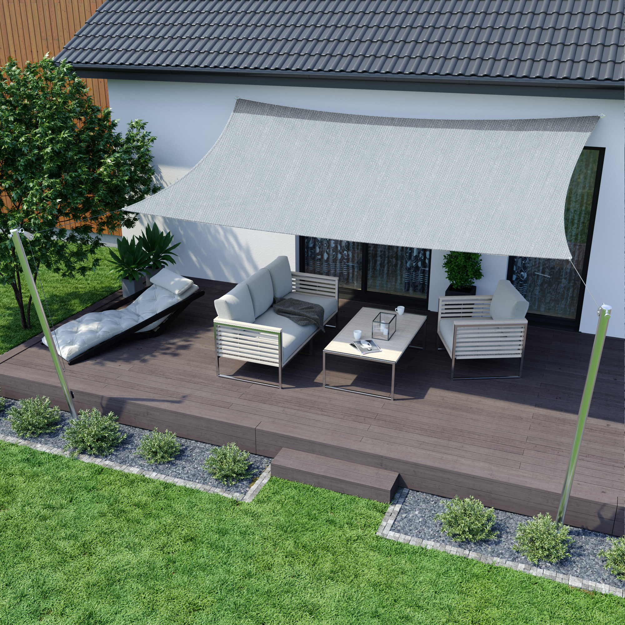 Sonnensegel über Terrasse mit Sitzgruppe, bietet Schatten und Schutz, atmungsaktives Material