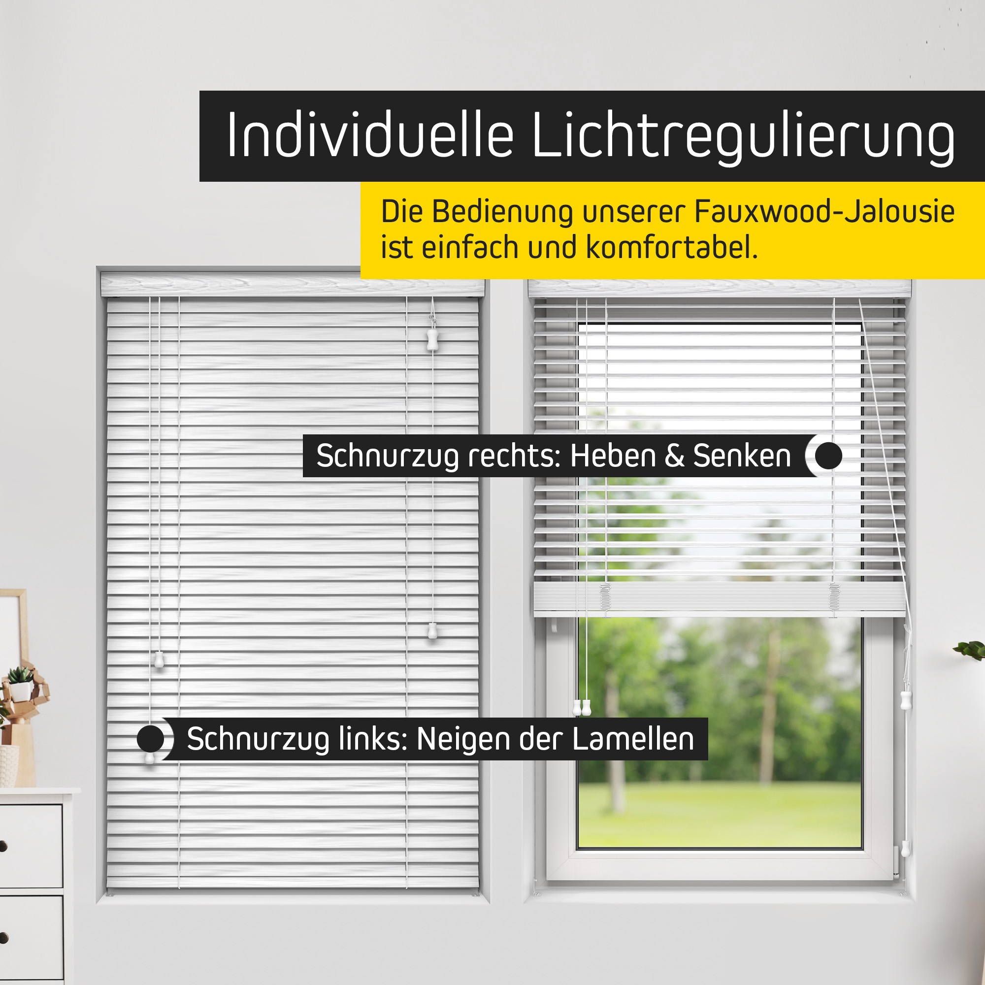 Jalousie in Holzoptik mit Schnurzug zur Lichtregulierung an Fenstern
