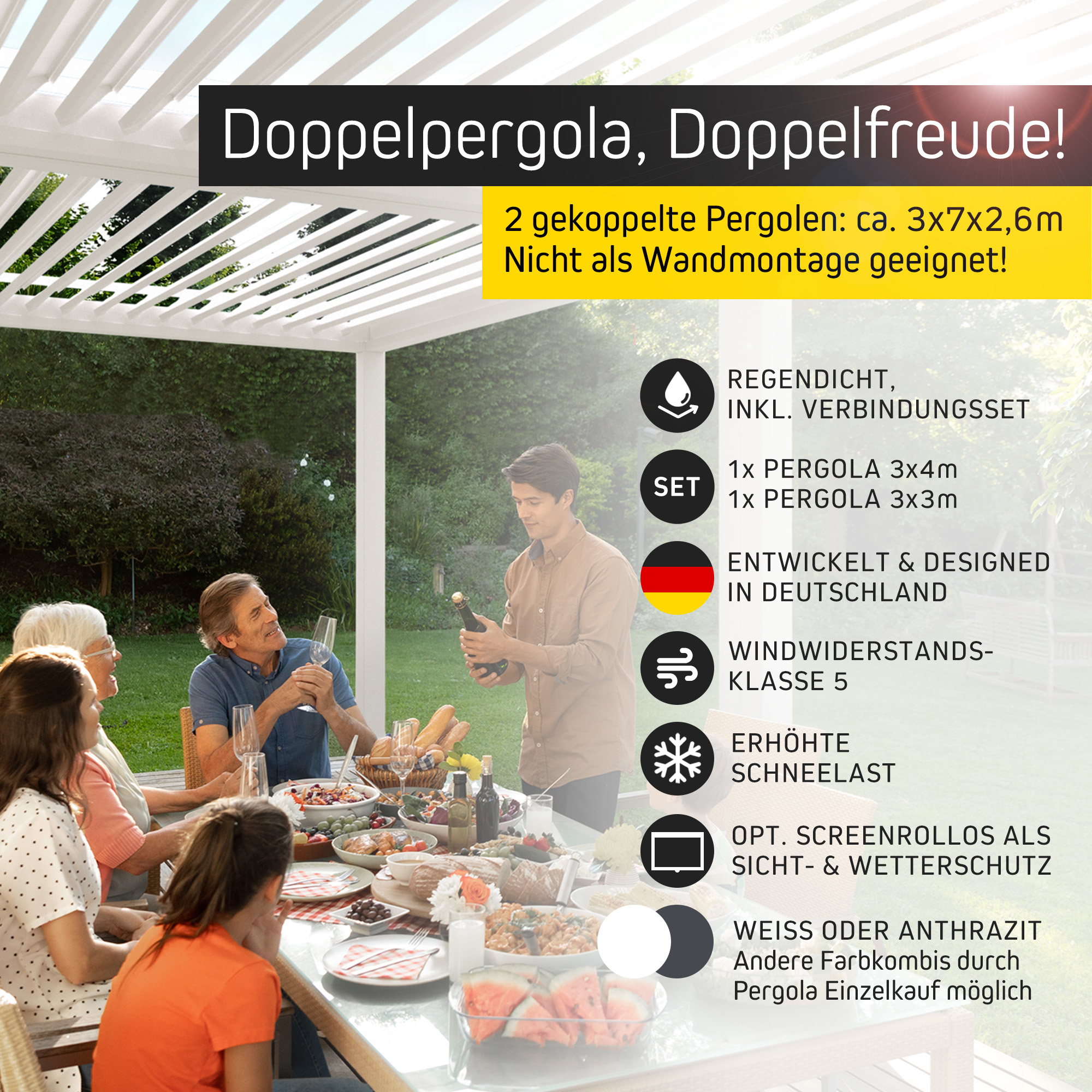 Pergola mit Lamellendach | 3 x 7 m, anthrazit 