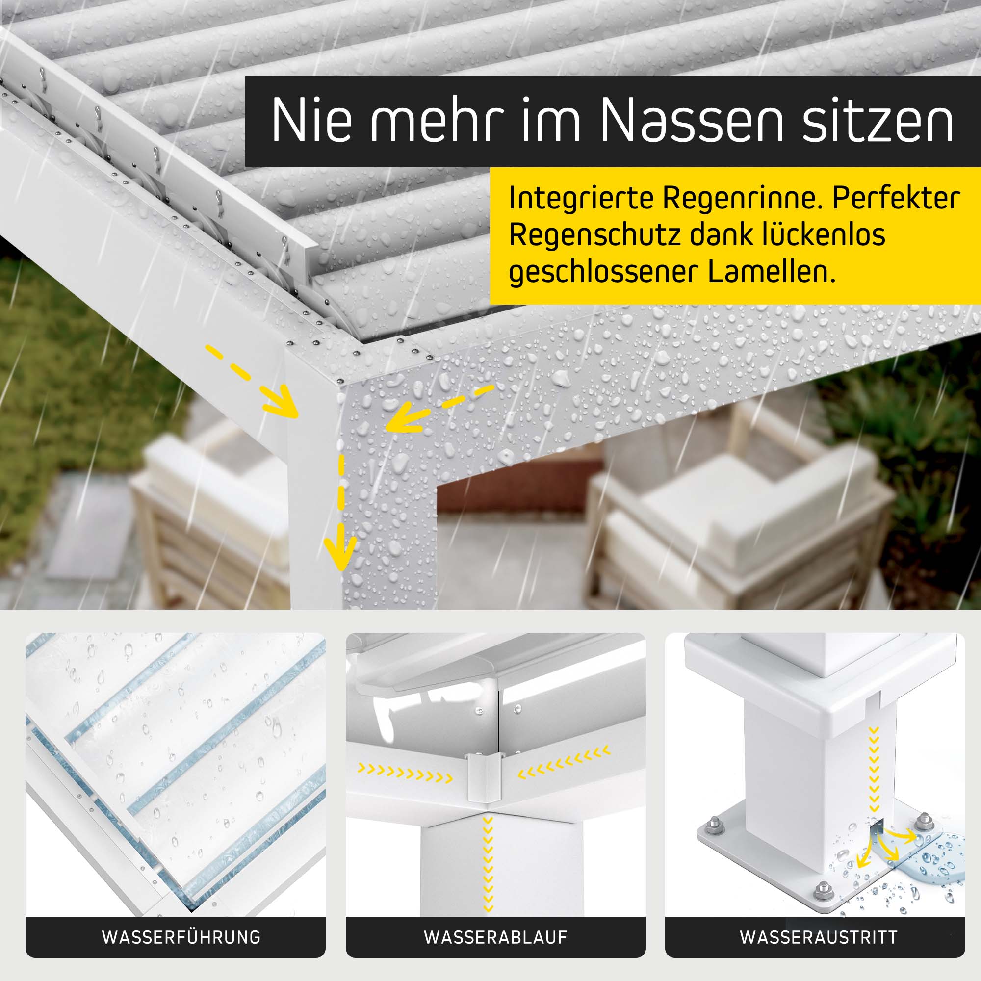Pergola mit Lamellendach und integriertem Wasserablaufsystem bei Regenwetter