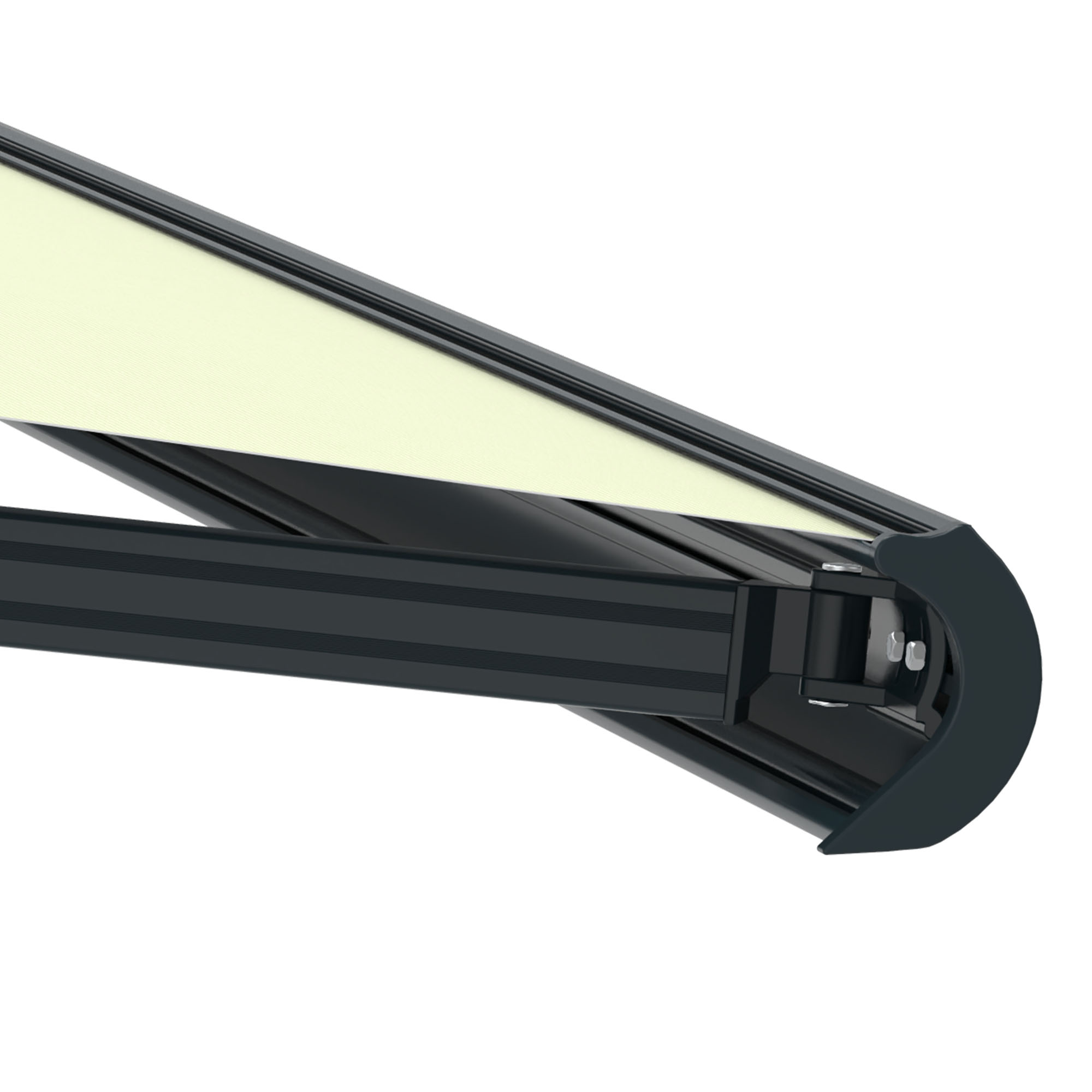 Kassettenmarkise Curve 2000 mit geschwungenem Design und stabiler Halterung