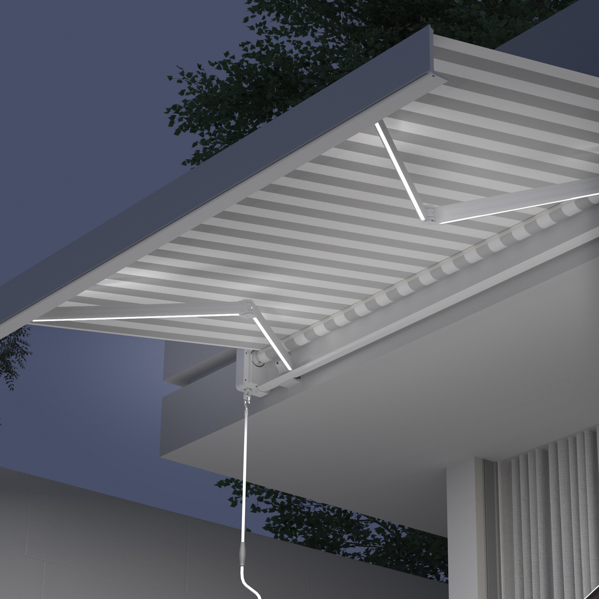 Kassettenmarkise Quadris LED | 3,45 x 3 m, weiß, Stoff: grau-weiß, Blockstreifen | Hoverbild