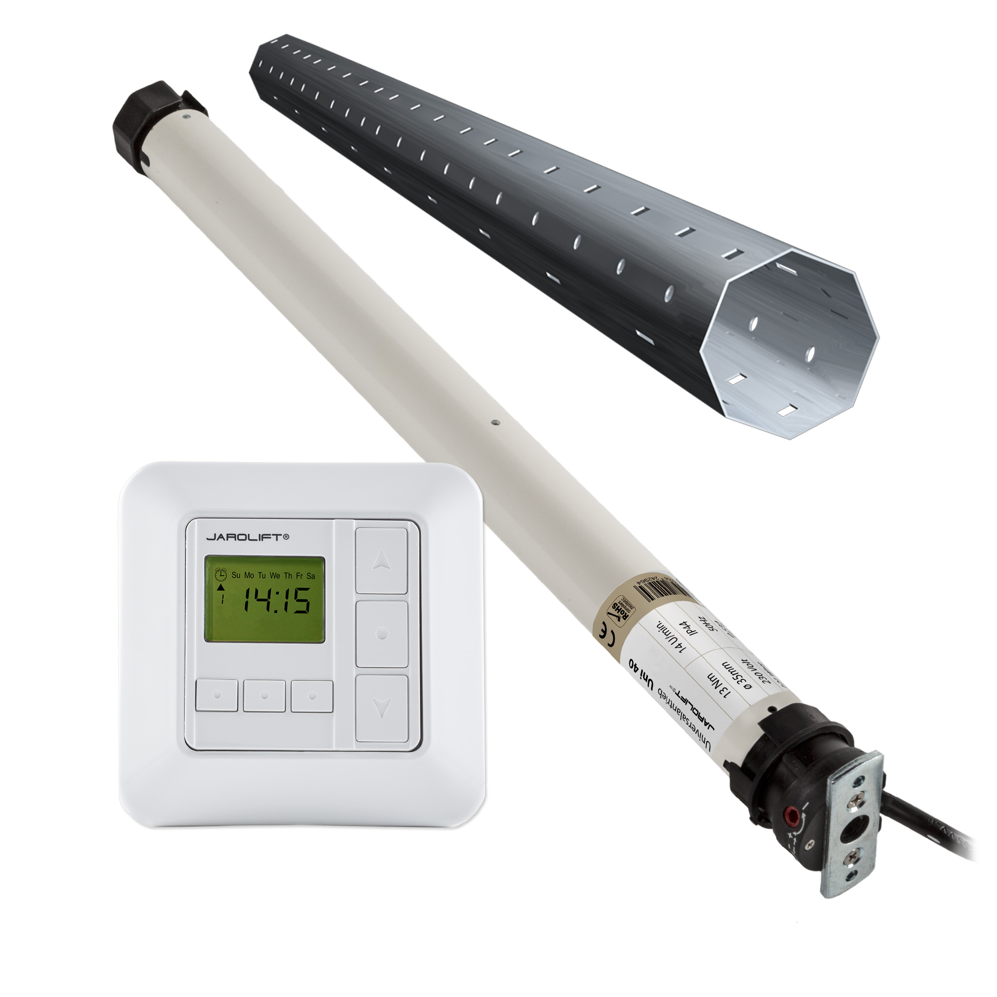 Motore per tapparella Universale | UNI40 (13 Nm / SW40) + Sevenlogic Comfort radio + Set rullo per cassonetto esterno 1