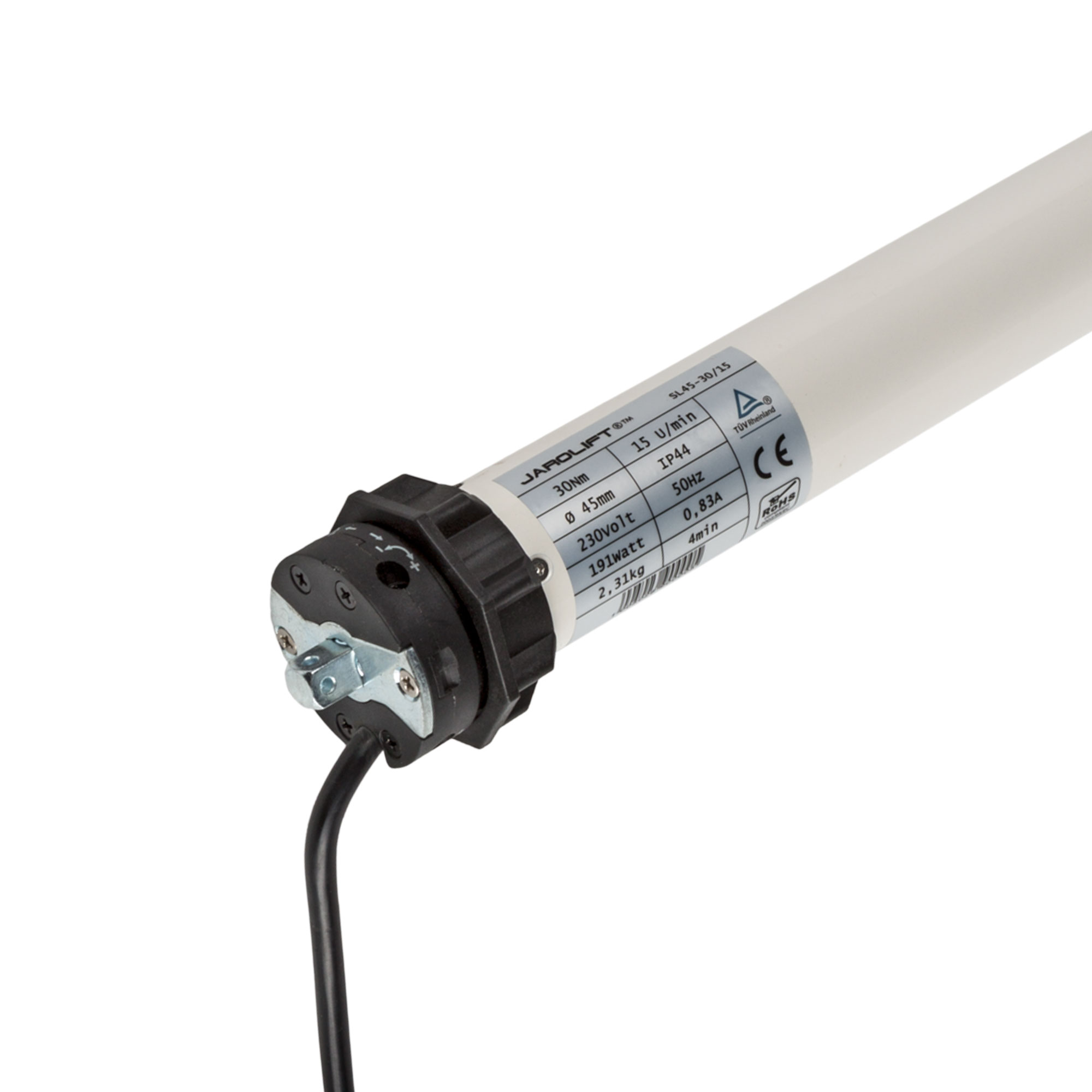Rollladenmotor mit Kabel und Etikett für technische Spezifikationen