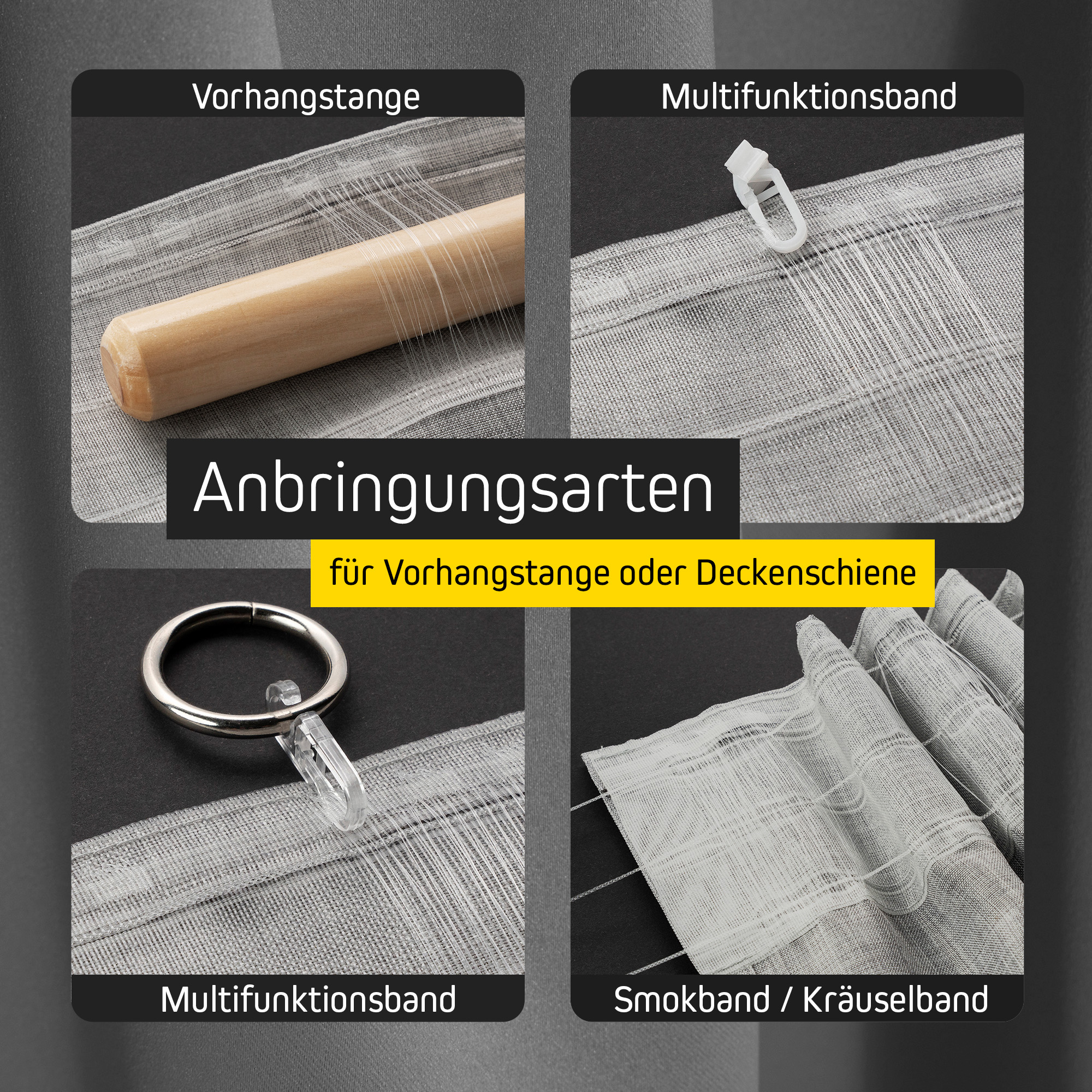 Anbringungsarten für Vorhang mit Kombiband und Brandschutzfunktion