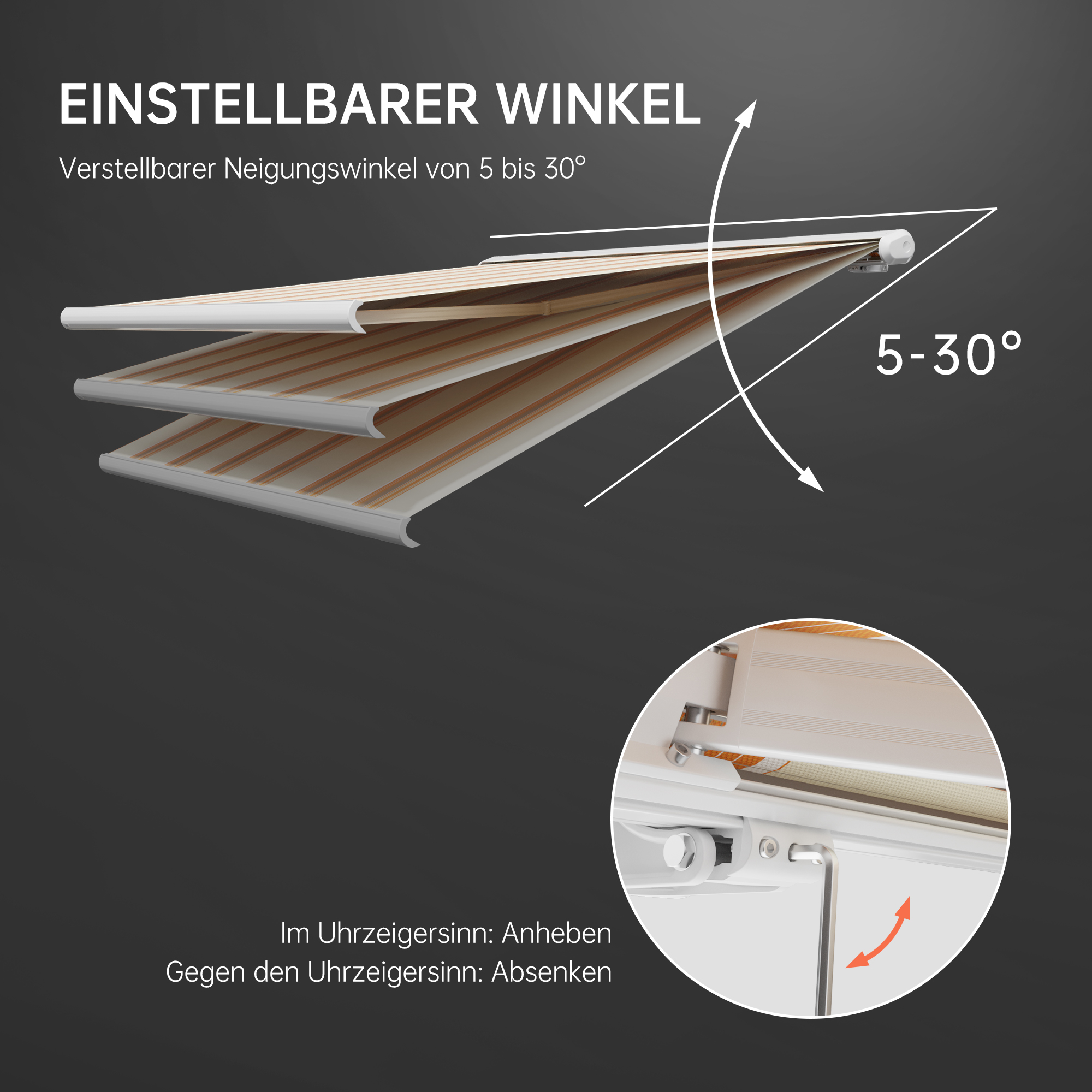Kassettenmarkise mit verstellbarem Neigungswinkel von 5 bis 30 Grad